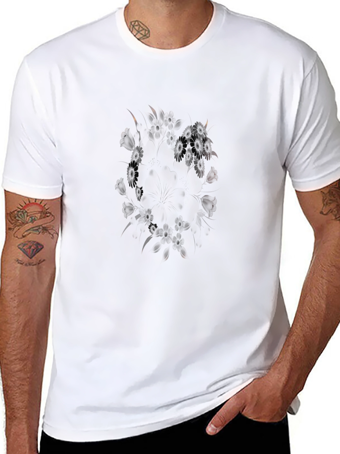Mens Black Graphic Tee - Floral Pattern