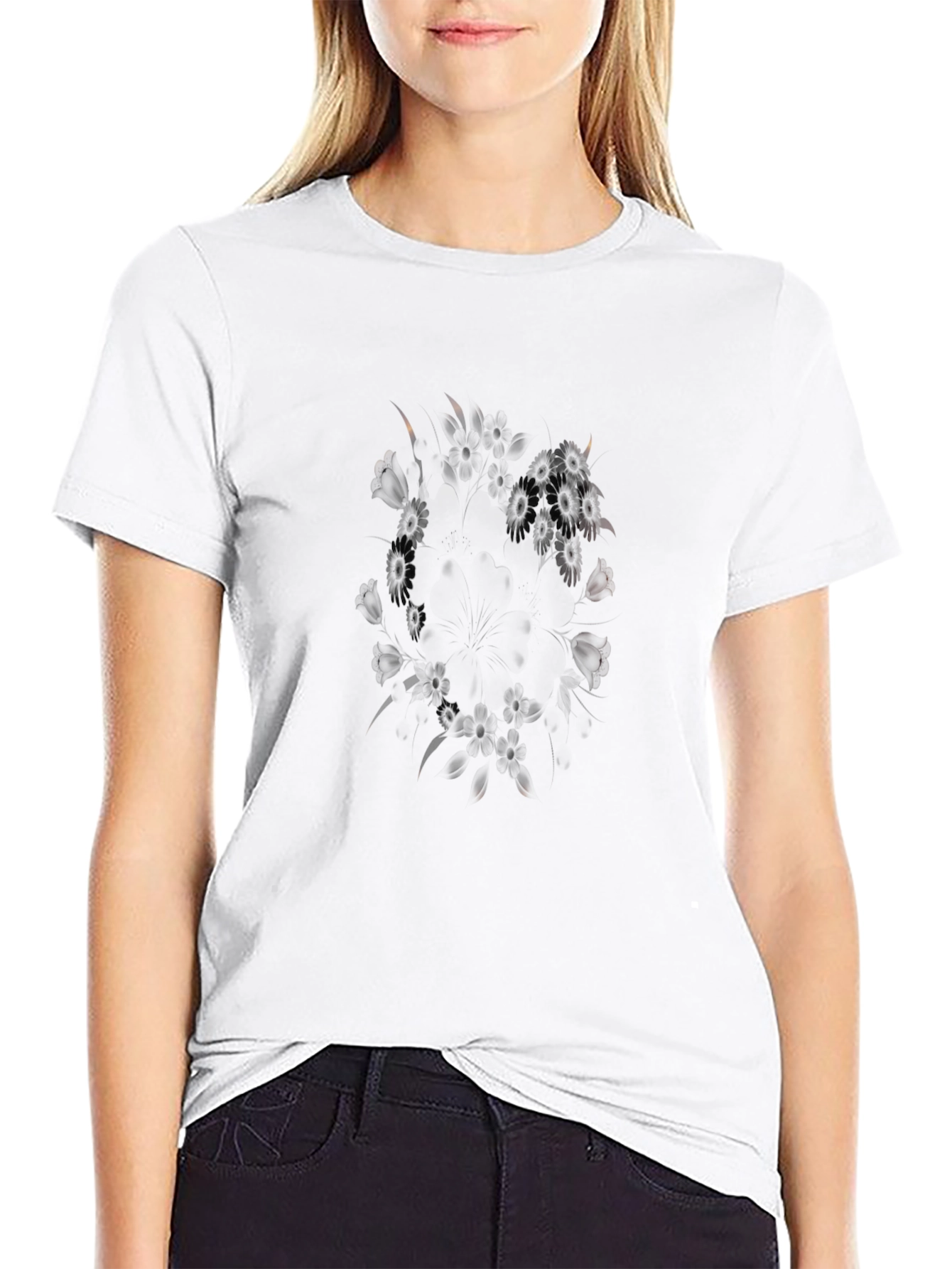 Mens Black Graphic Tee - Floral Pattern