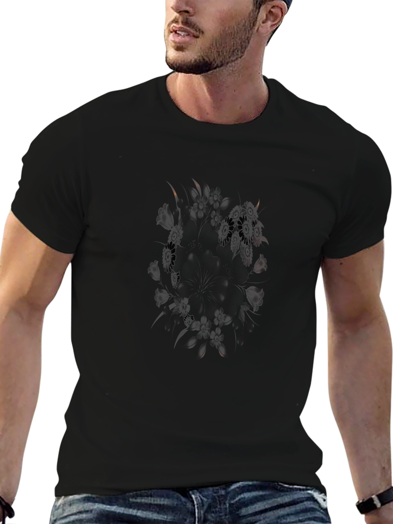 Mens Black Graphic Tee - Floral Pattern