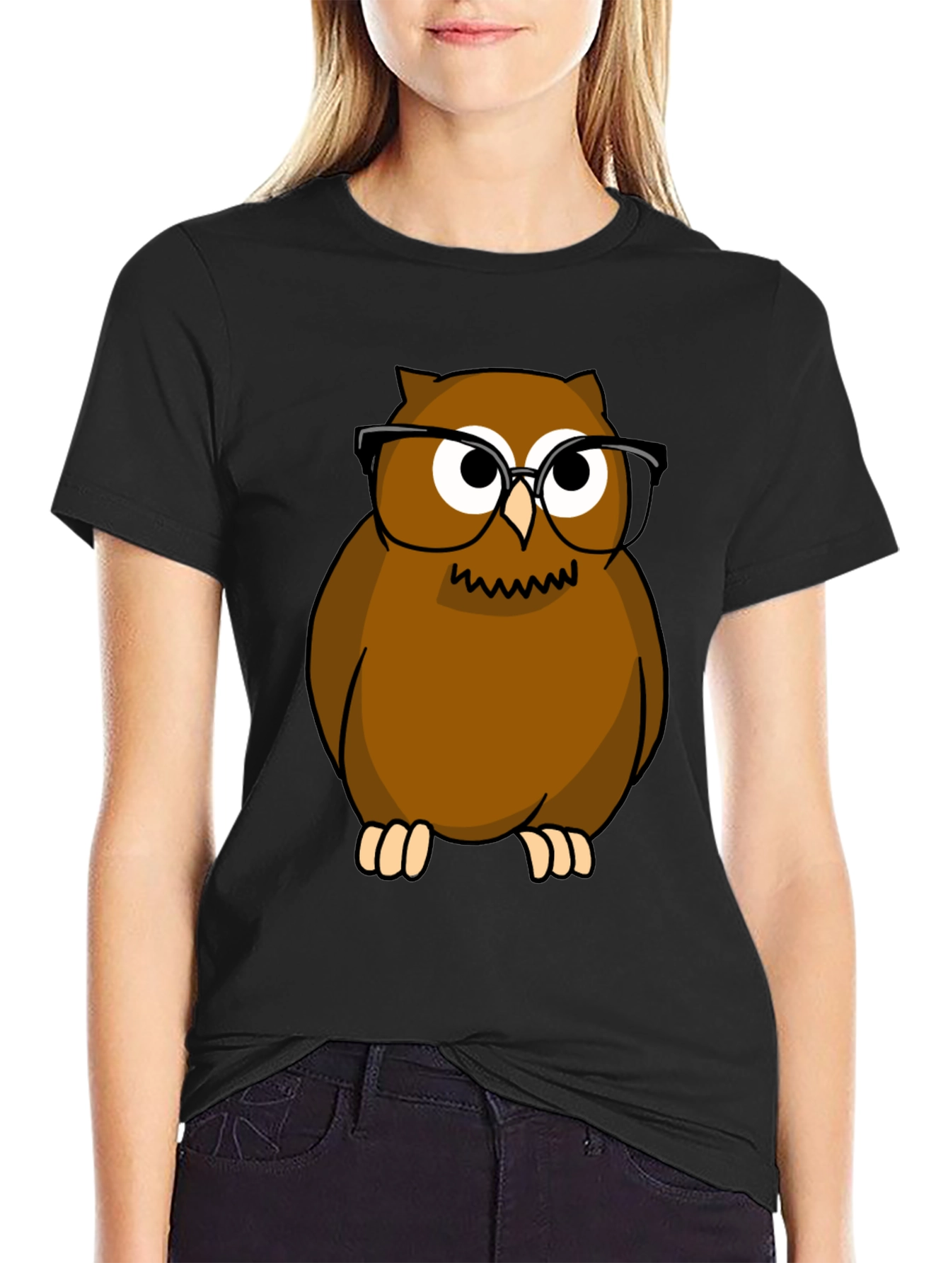 Owl with Glasses Graphic Tee - Black Cotton Shirt