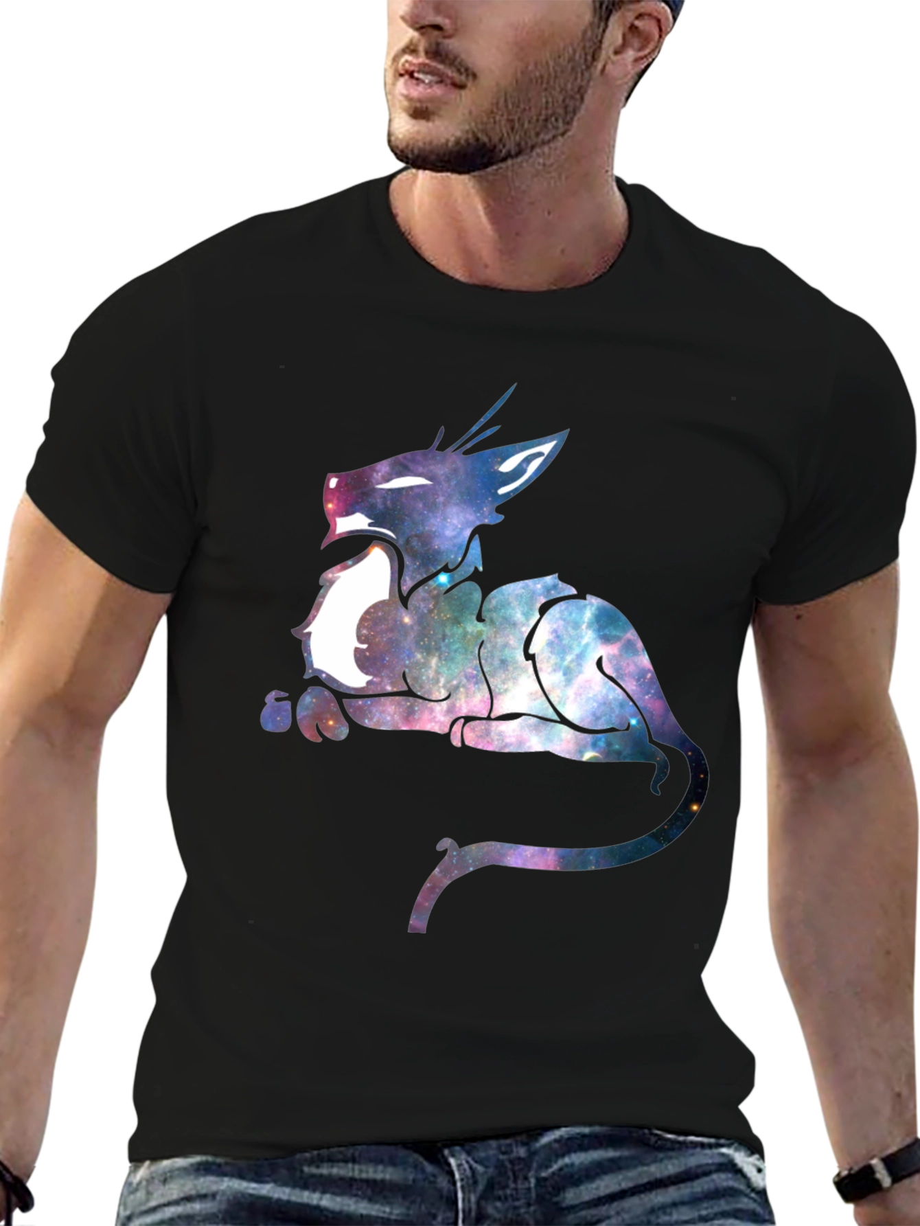 Galaxy Cat Graphic Print Black T-Shirt