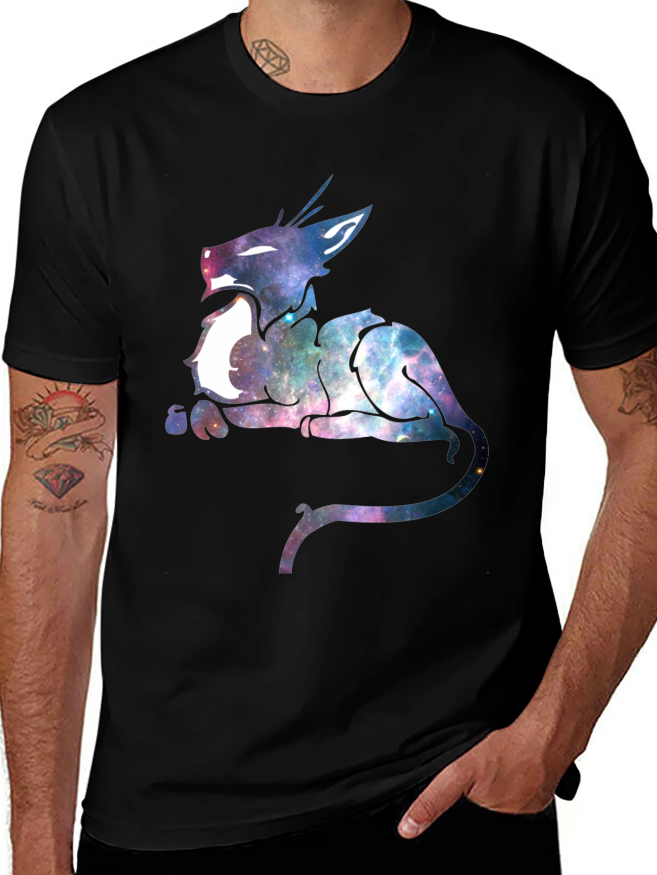 Galaxy Cat Graphic Print Black T-Shirt