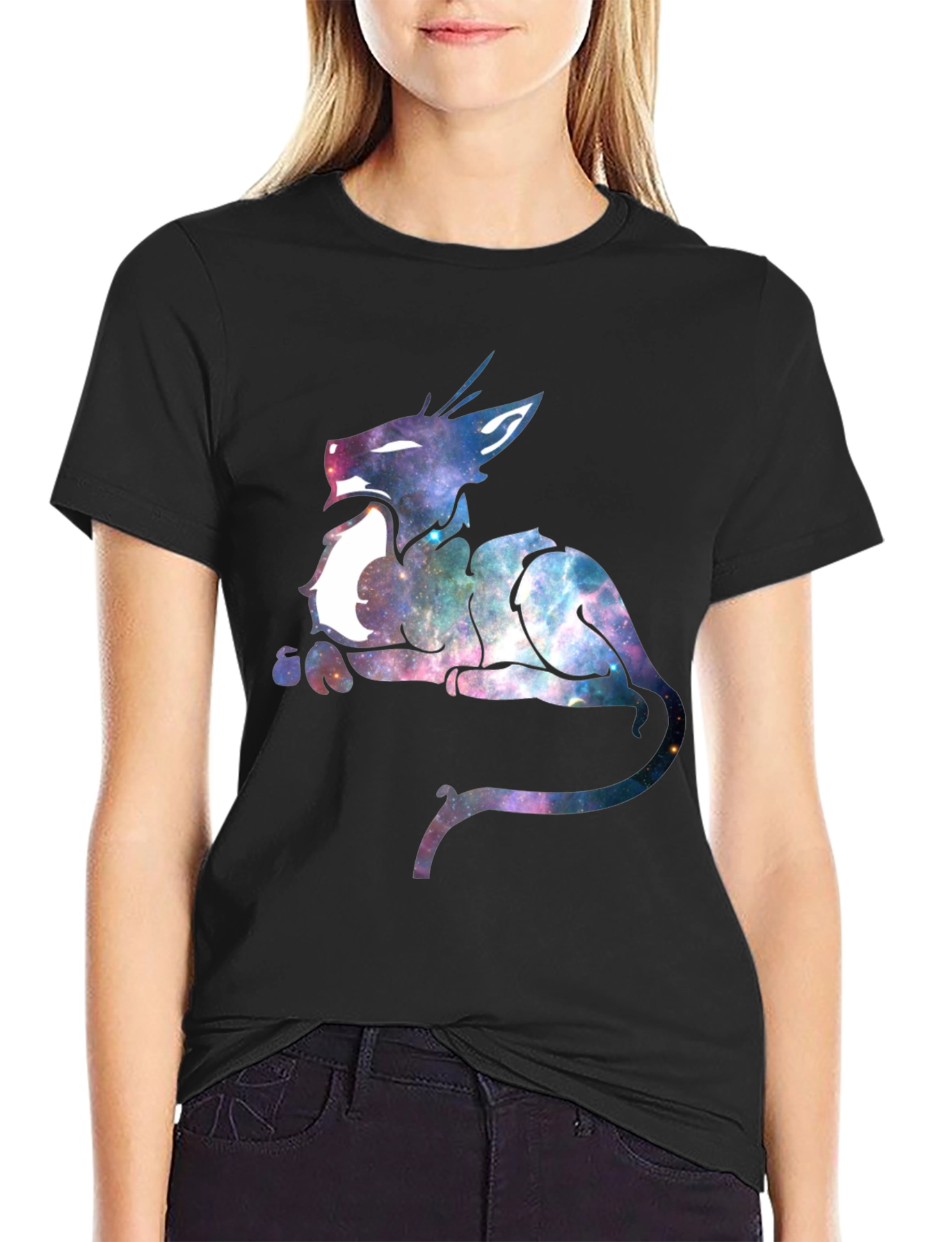 Galaxy Cat Graphic Print Black T-Shirt