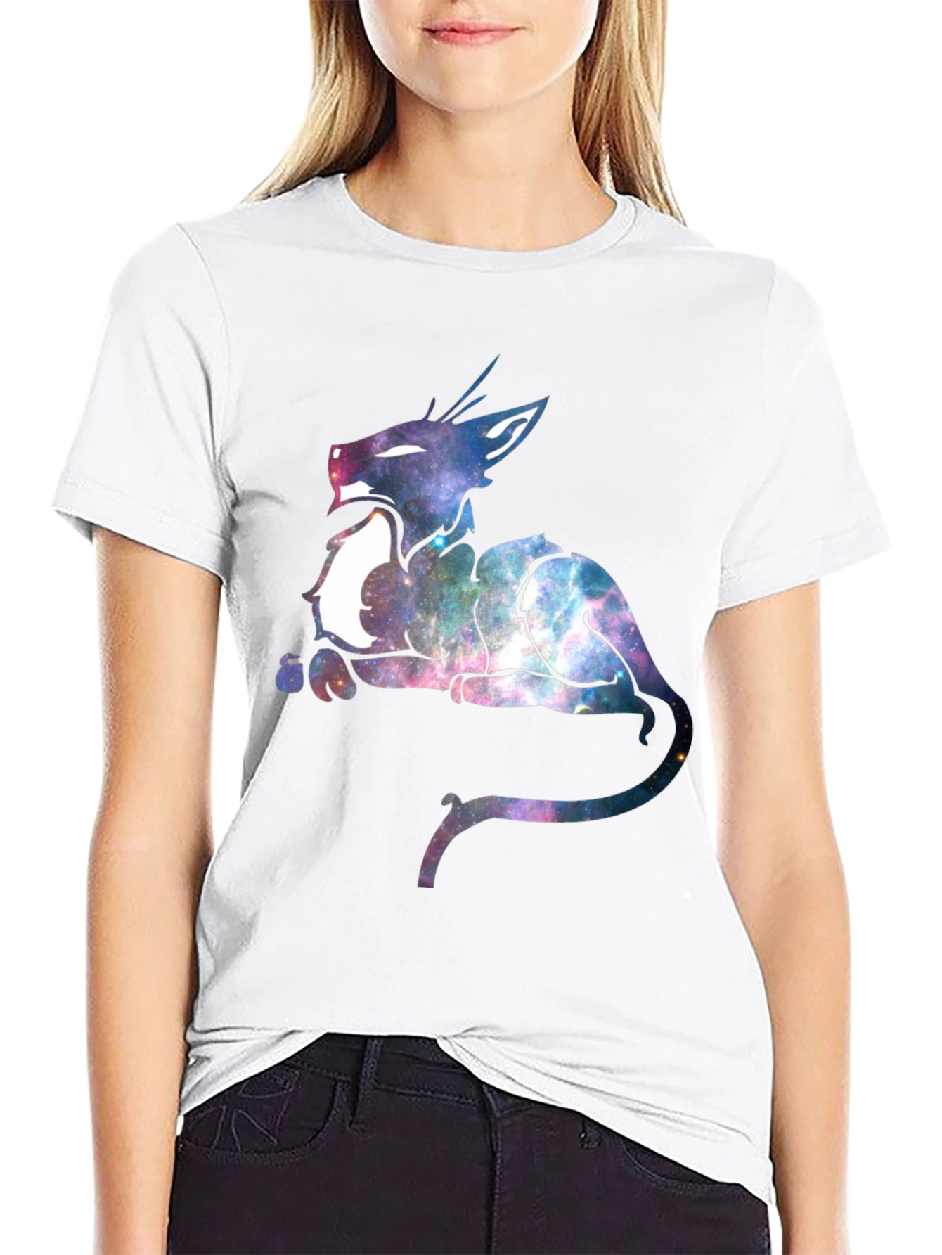 Galaxy Cat Graphic Print Black T-Shirt