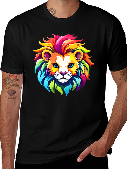Colorful Lion Graphic Print Black T-Shirt