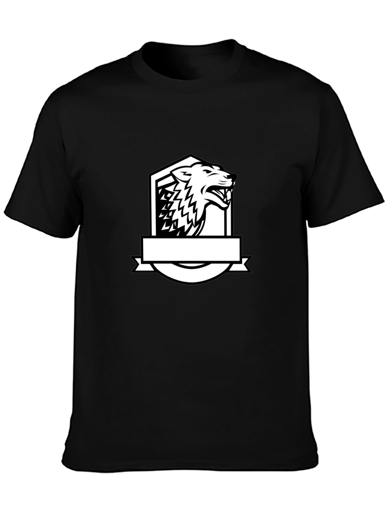 Black T-Shirt with Bold Wolf Crest Design