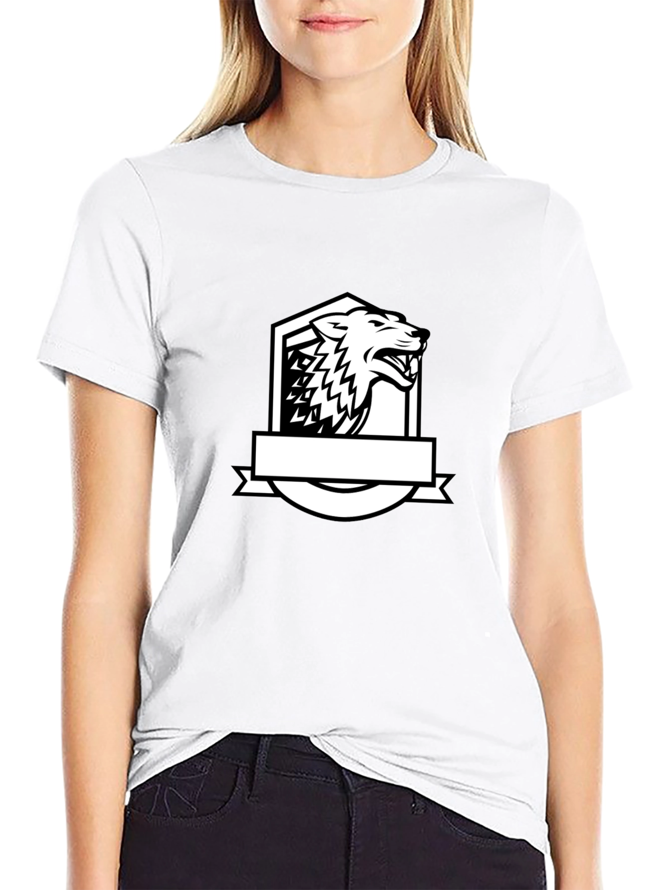 Black T-Shirt with Bold Wolf Crest Design