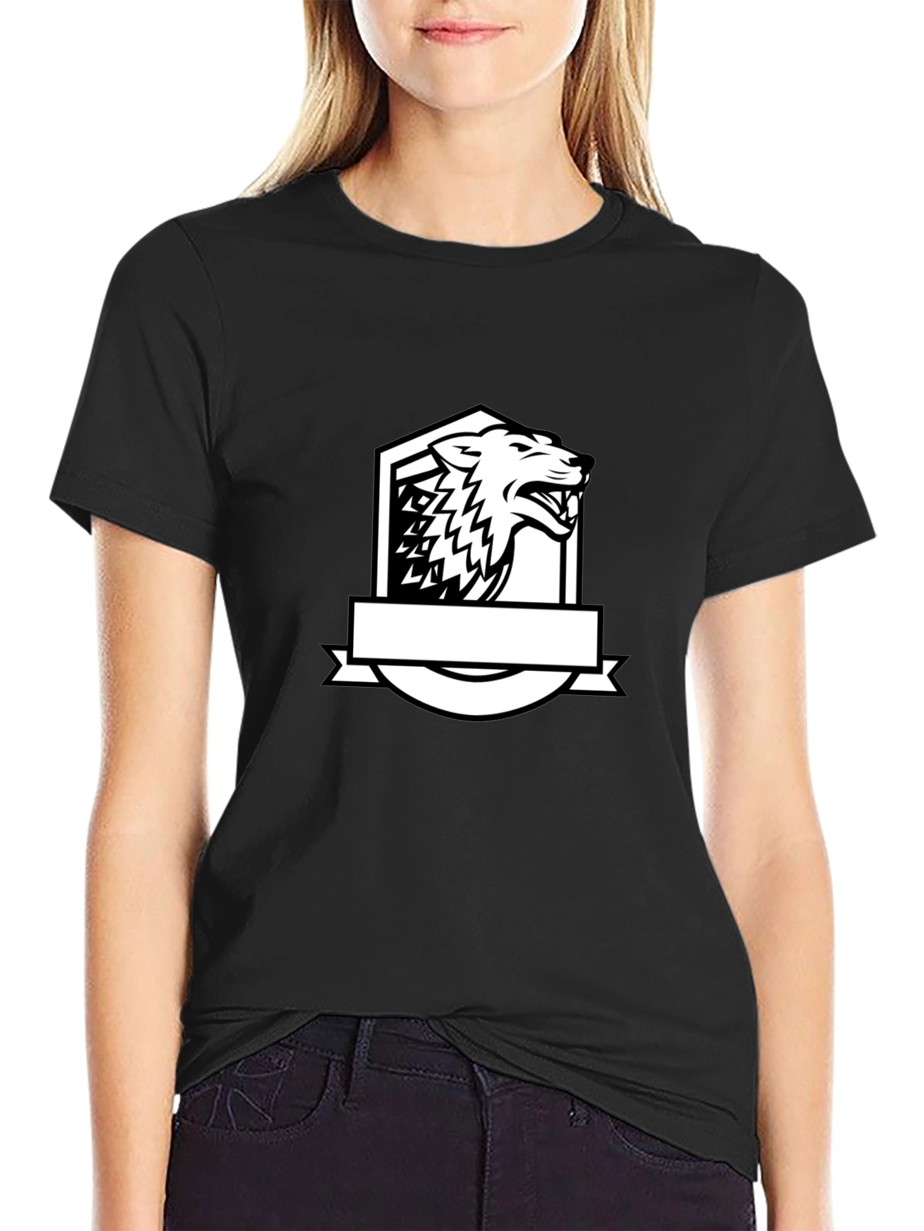 Black T-Shirt with Bold Wolf Crest Design
