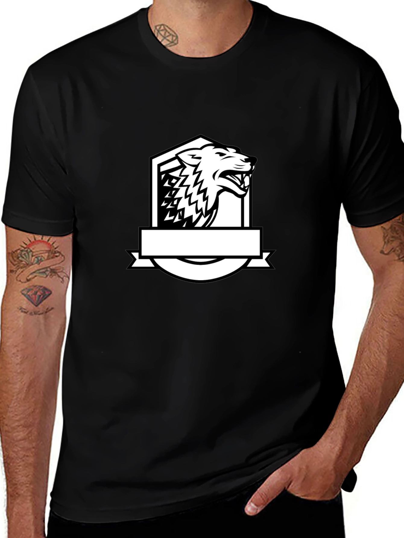 Black T-Shirt with Bold Wolf Crest Design