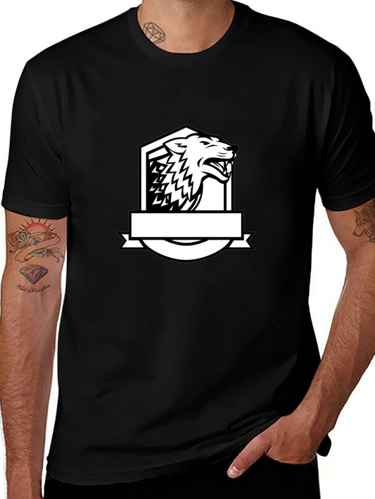 Black T-Shirt with Bold Wolf Crest Design