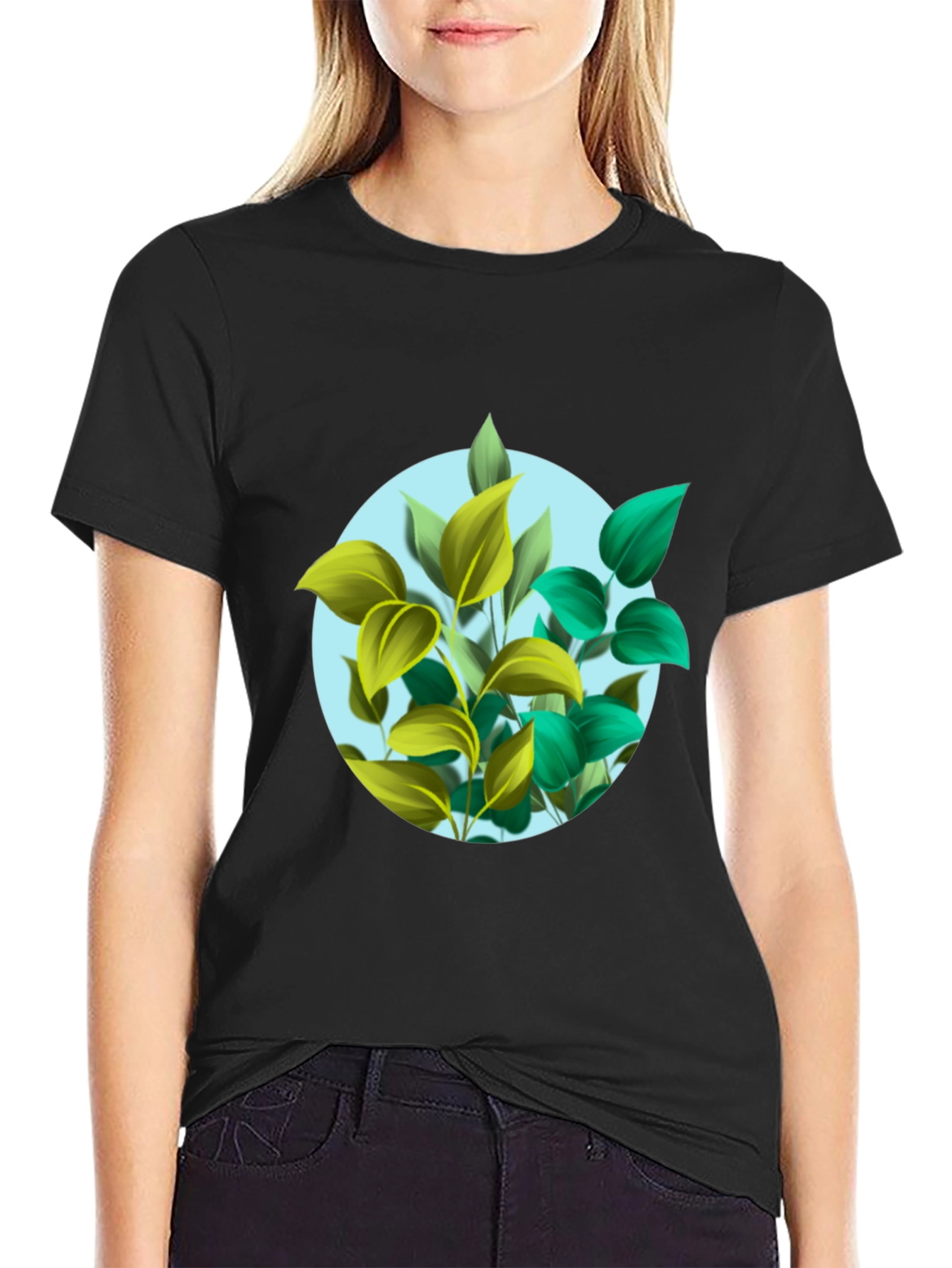Leaf Circle Graphic Print Black T-Shirt