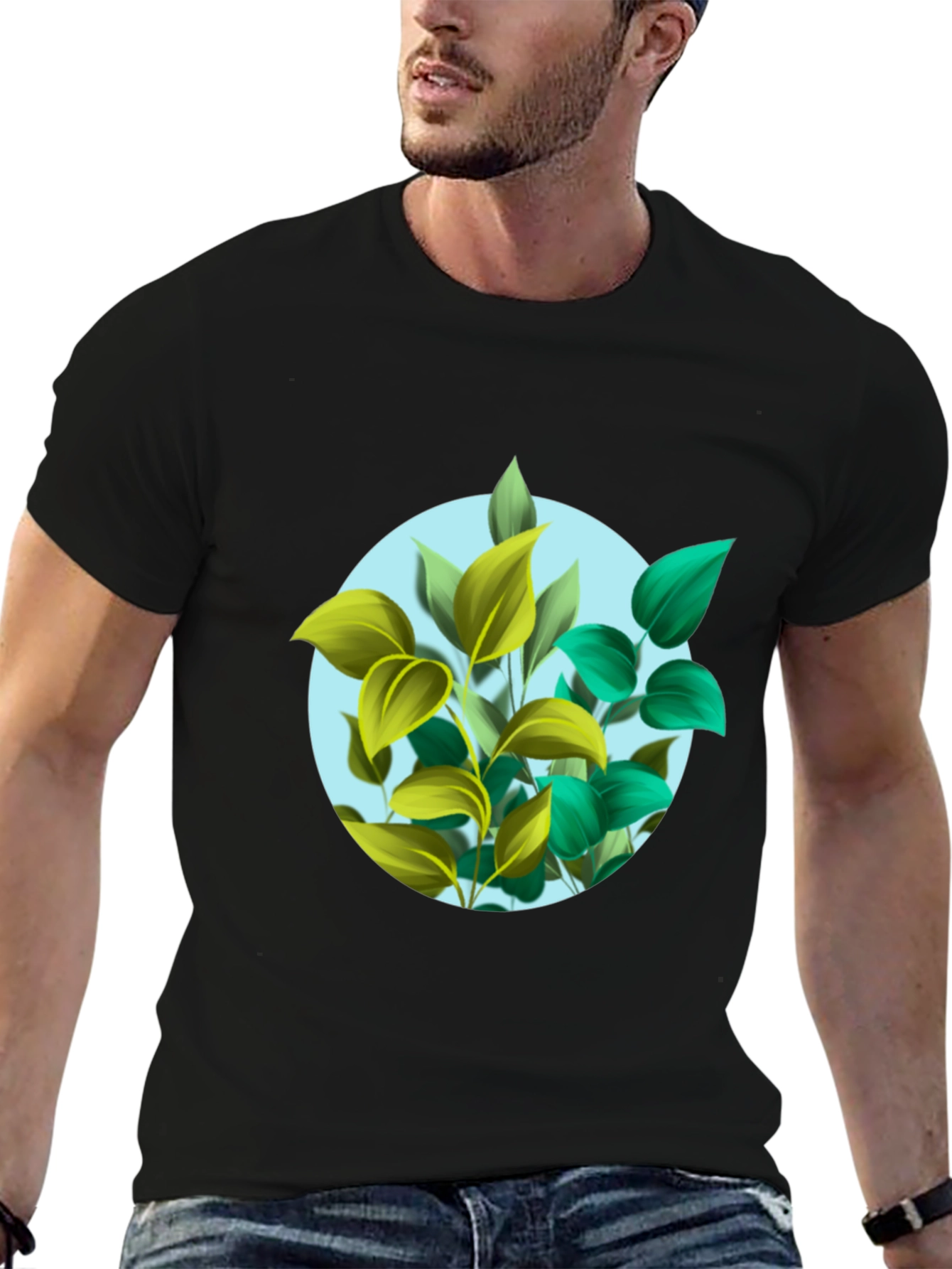 Leaf Circle Graphic Print Black T-Shirt