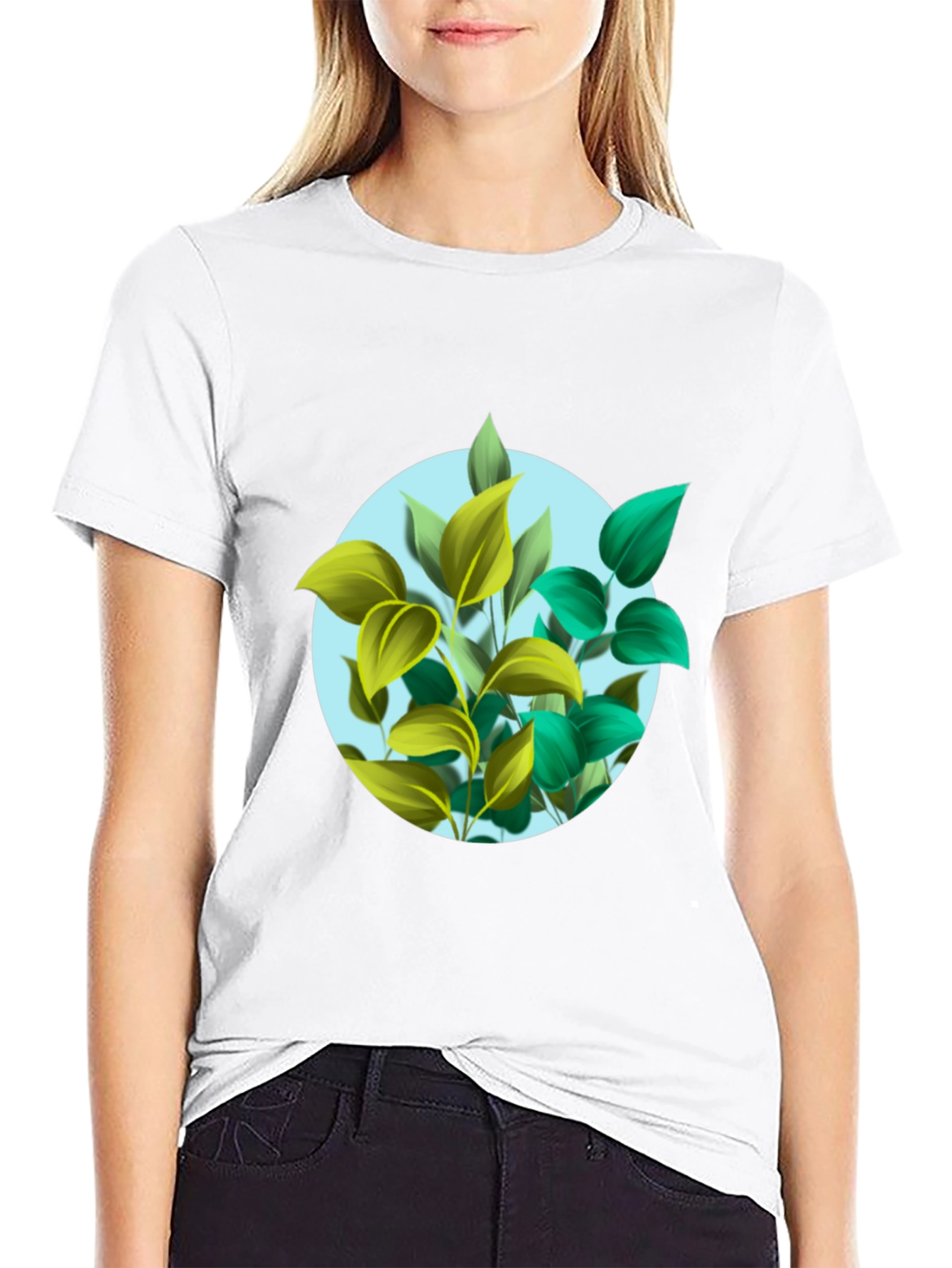 Leaf Circle Graphic Print Black T-Shirt