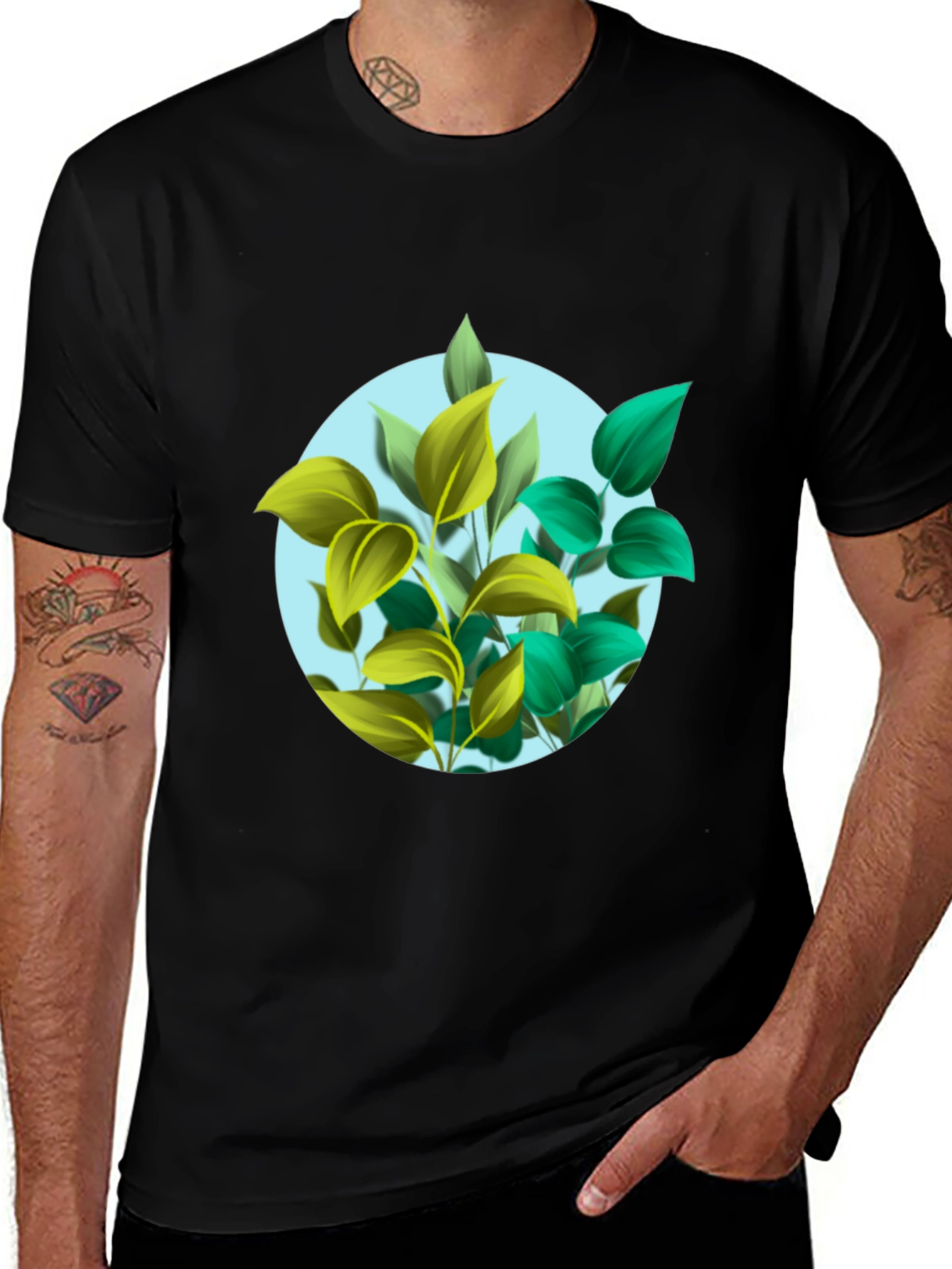 Leaf Circle Graphic Print Black T-Shirt