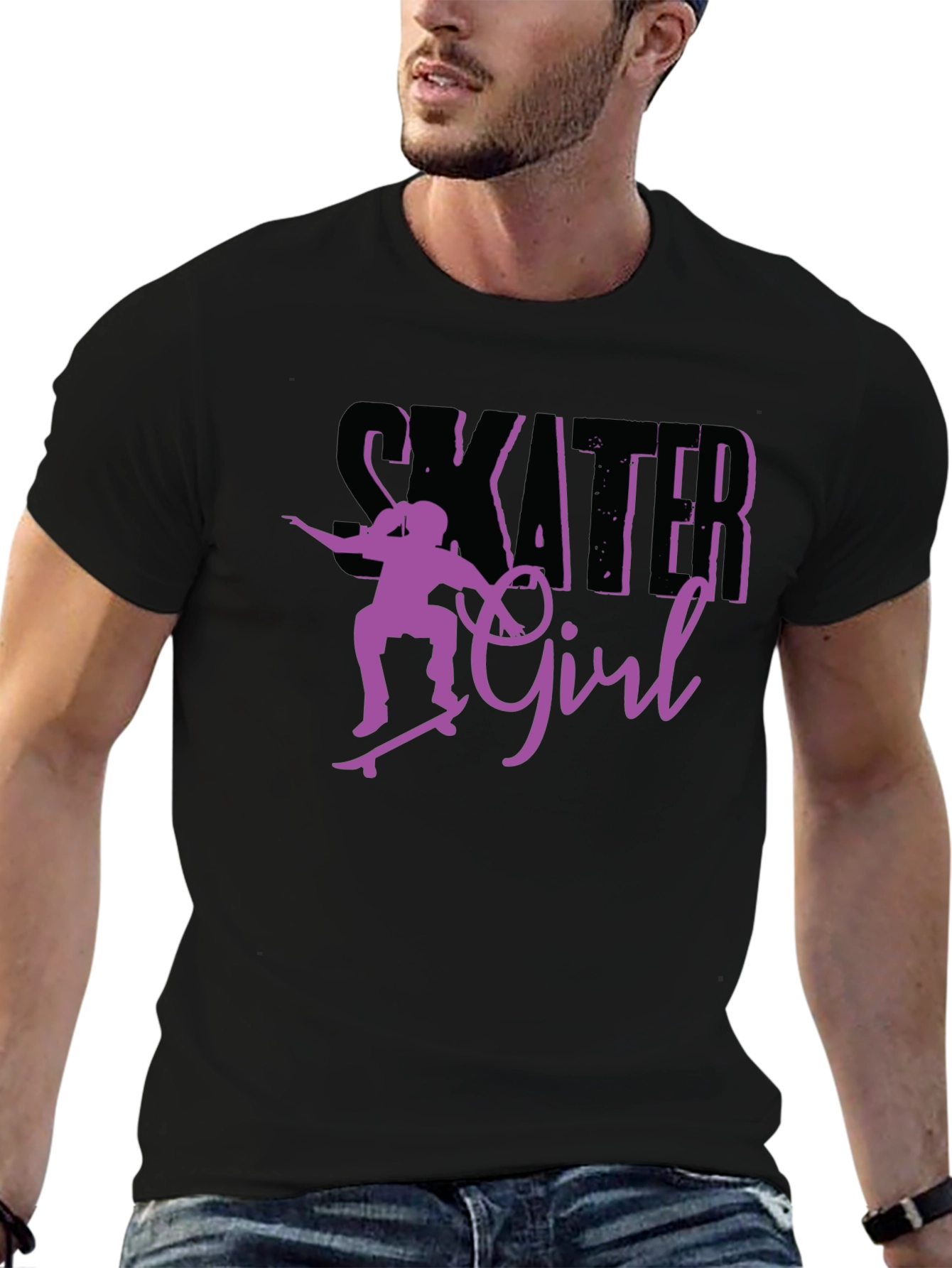 Skater Girl Graphic Tee - Black Cotton T-Shirt