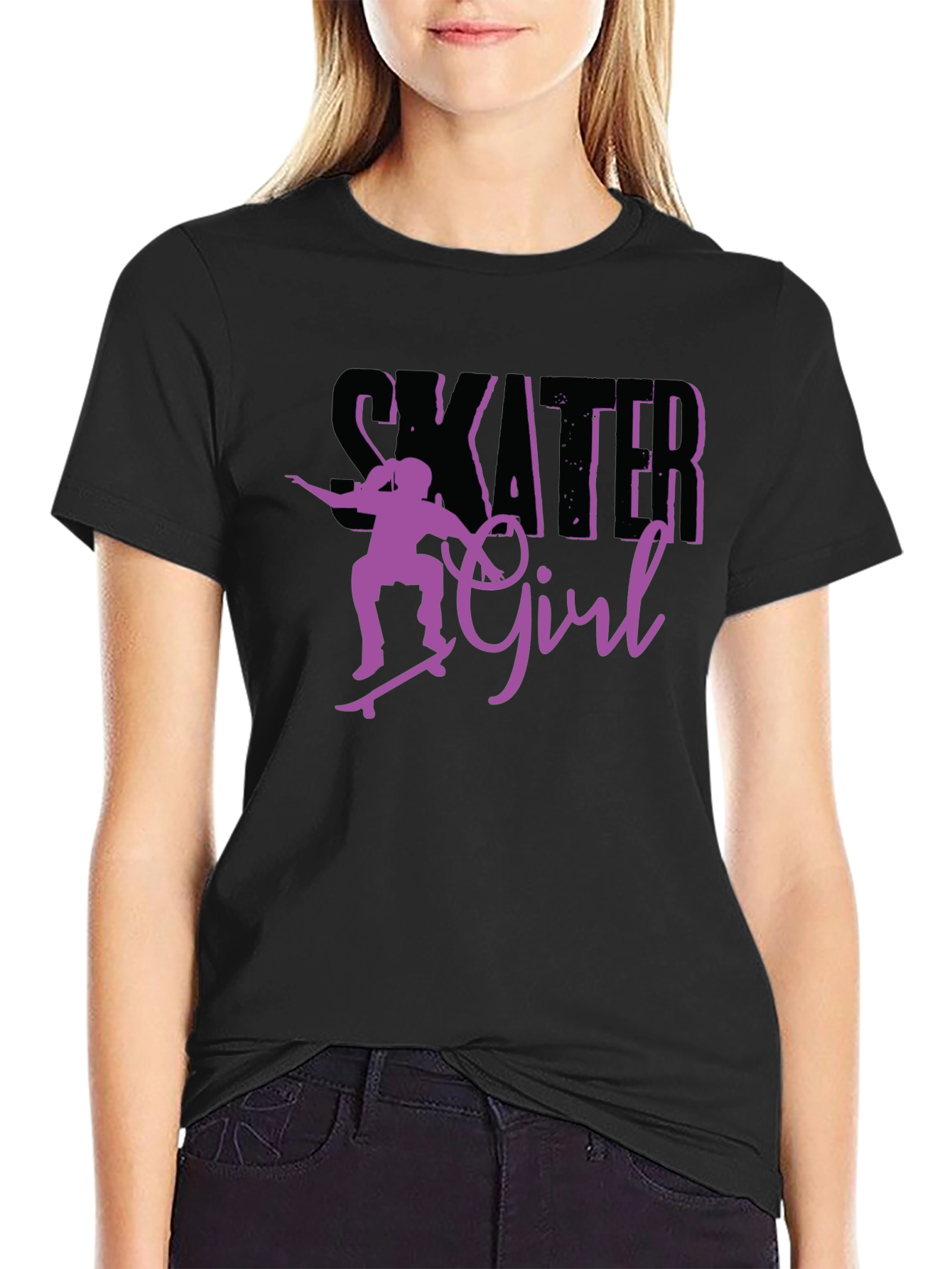 Skater Girl Graphic Tee - Black Cotton T-Shirt
