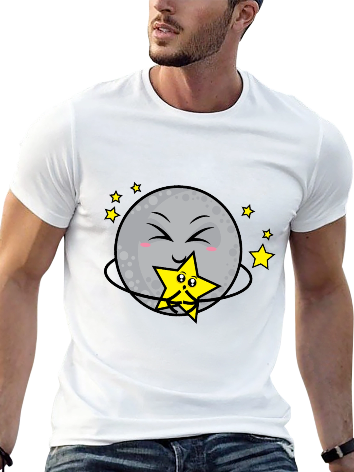 Cute Moon Hugging Star Graphic Black T-Shirt