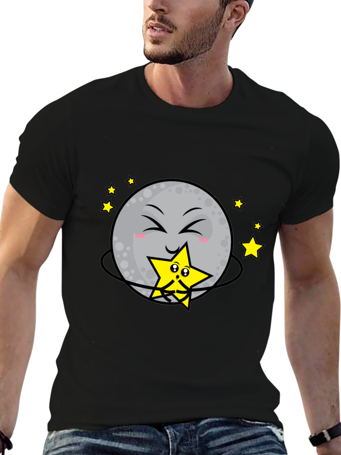 Cute Moon Hugging Star Graphic Black T-Shirt