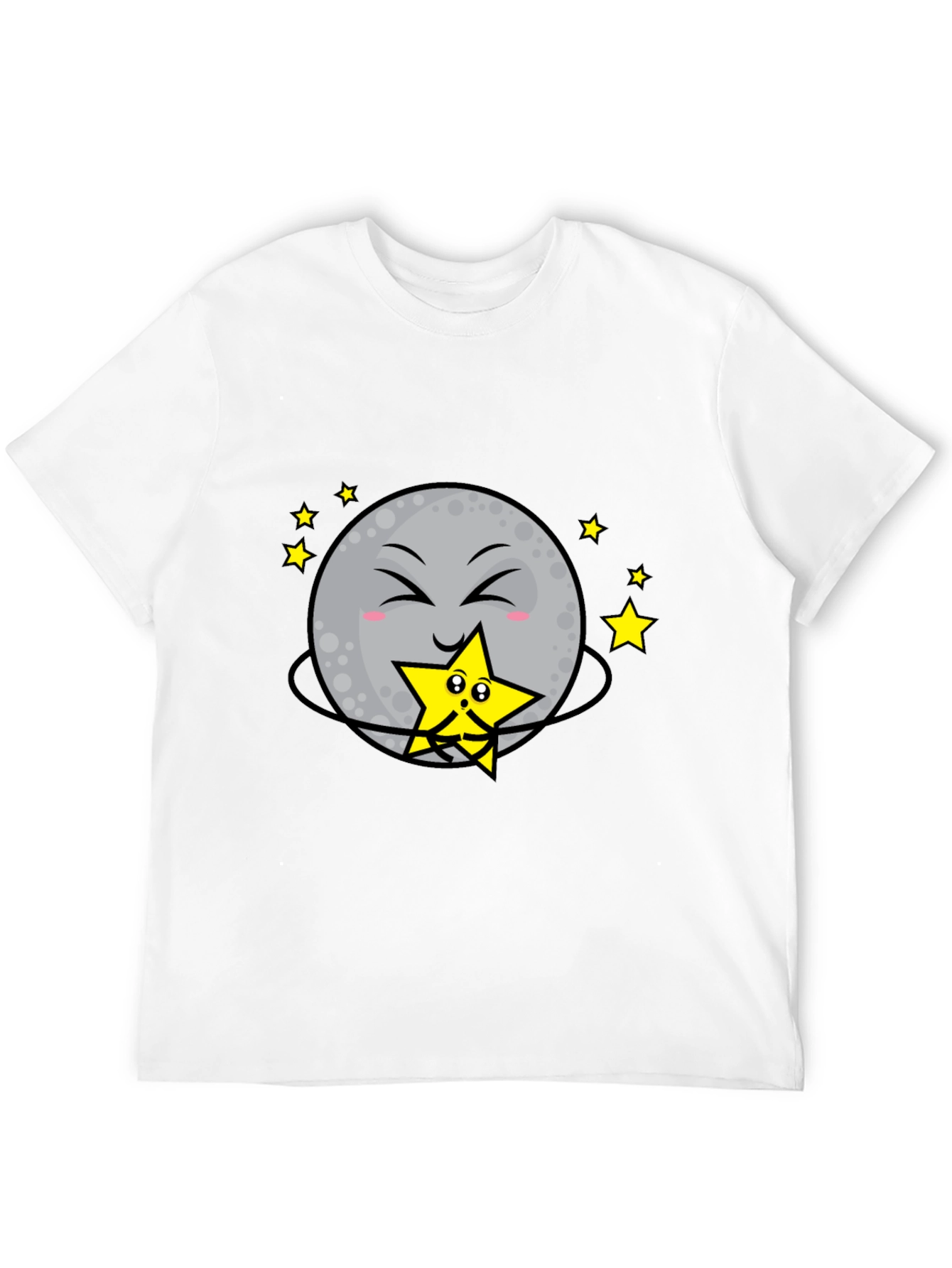 Cute Moon Hugging Star Graphic Black T-Shirt