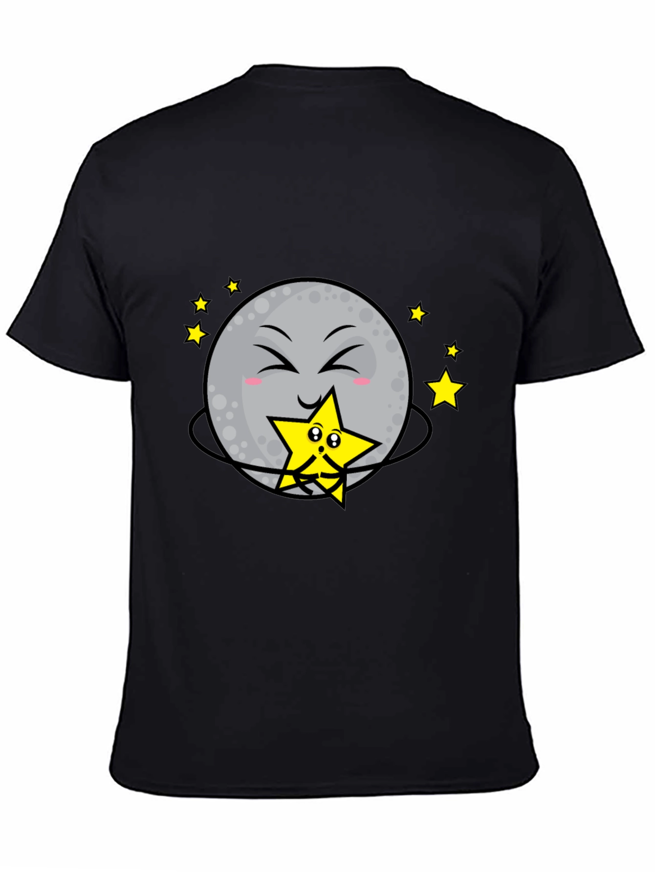 Cute Moon Hugging Star Graphic Black T-Shirt