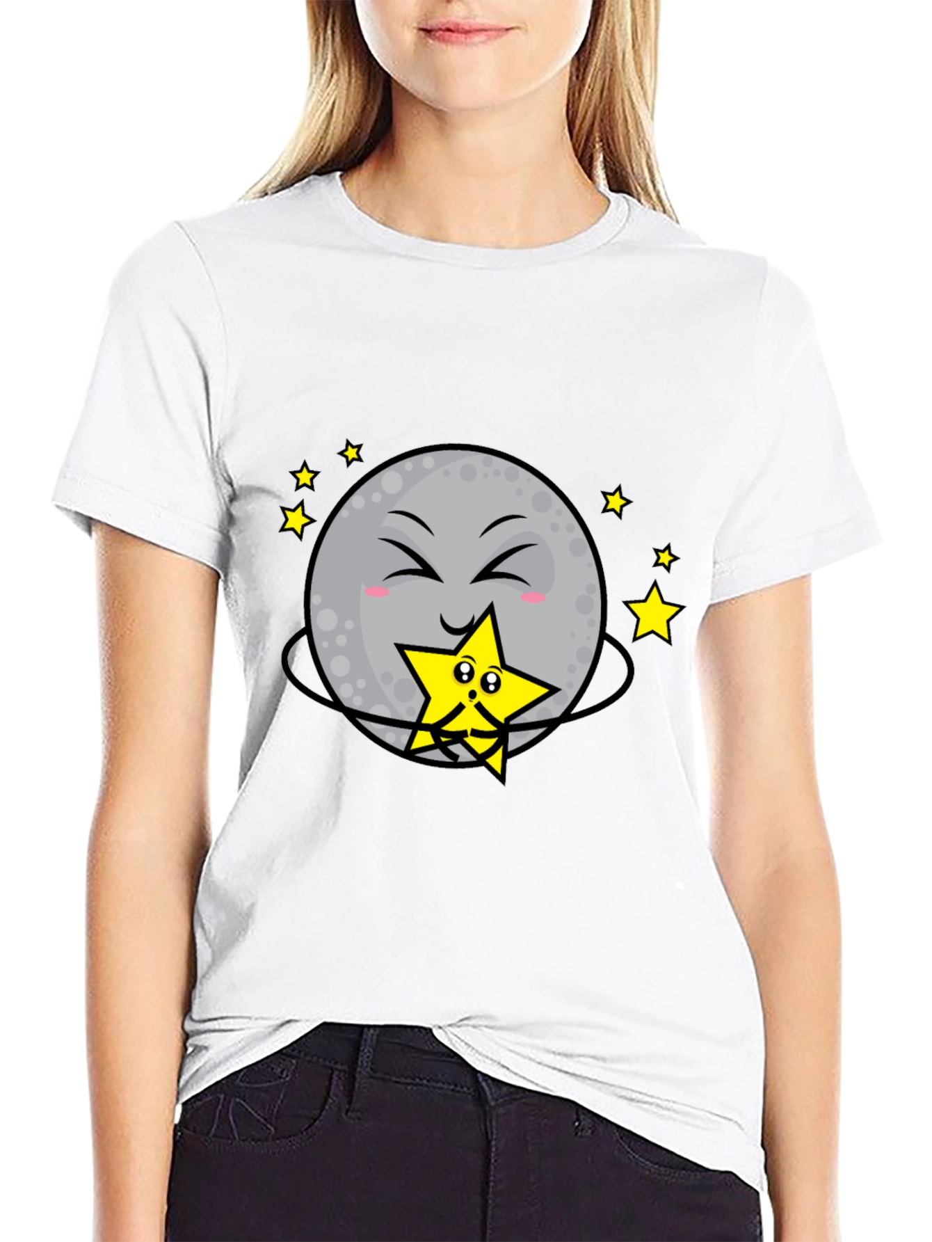Cute Moon Hugging Star Graphic Black T-Shirt
