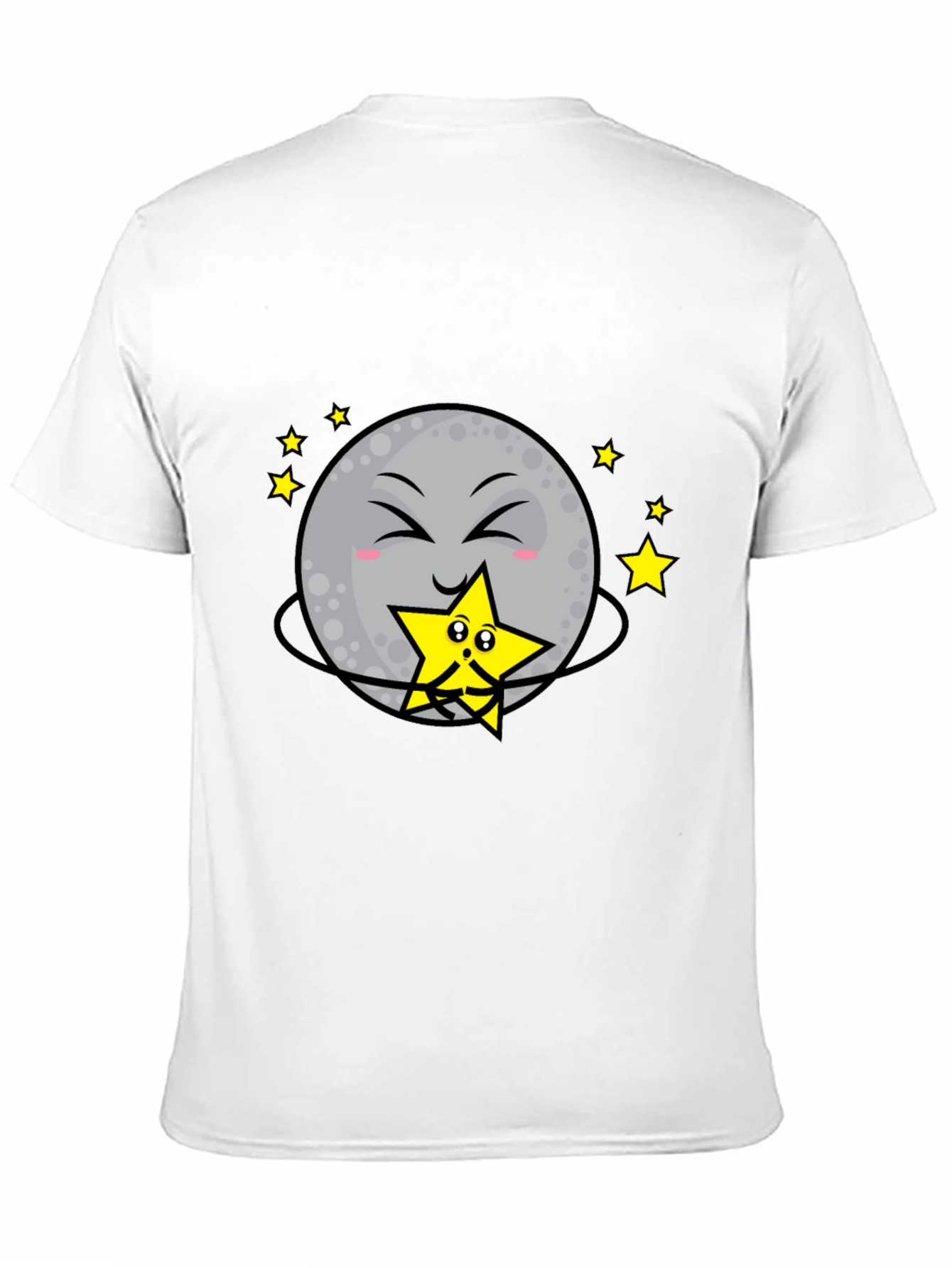 Cute Moon Hugging Star Graphic Black T-Shirt