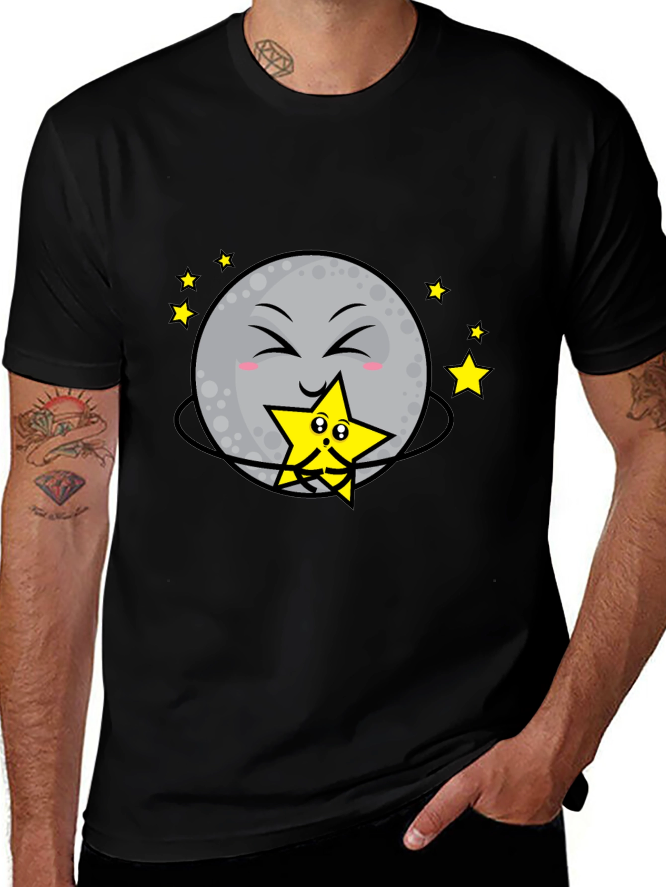 Cute Moon Hugging Star Graphic Black T-Shirt