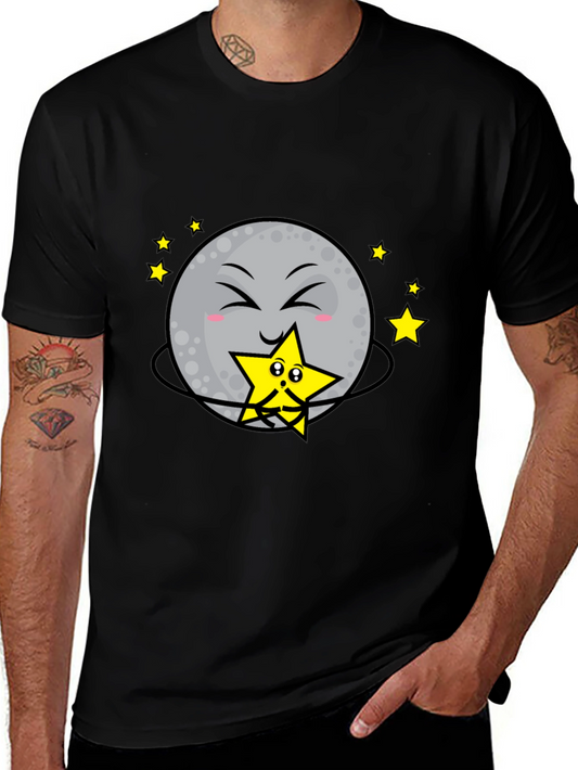 Cute Moon Hugging Star Graphic Black T-Shirt