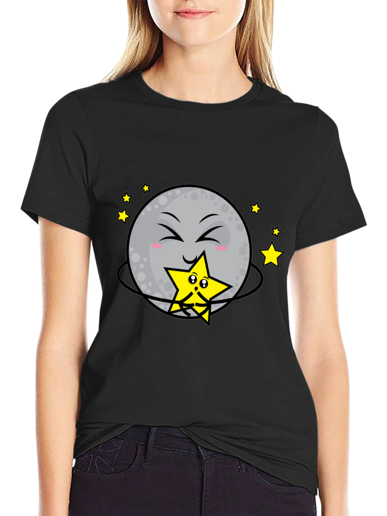Cute Moon Hugging Star Graphic Black T-Shirt