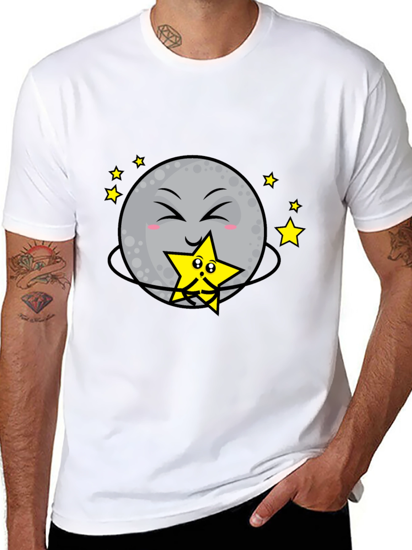 Cute Moon Hugging Star Graphic Black T-Shirt