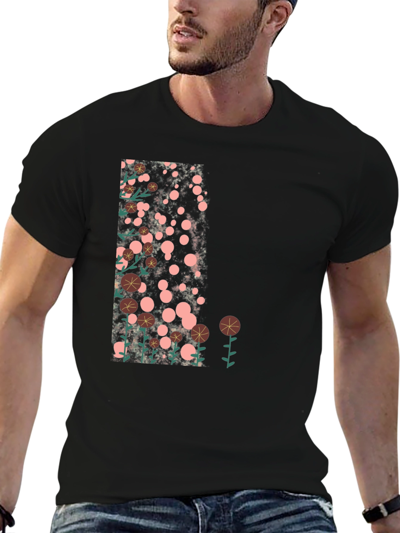 Floral Design Black T-Shirt - Casual Style