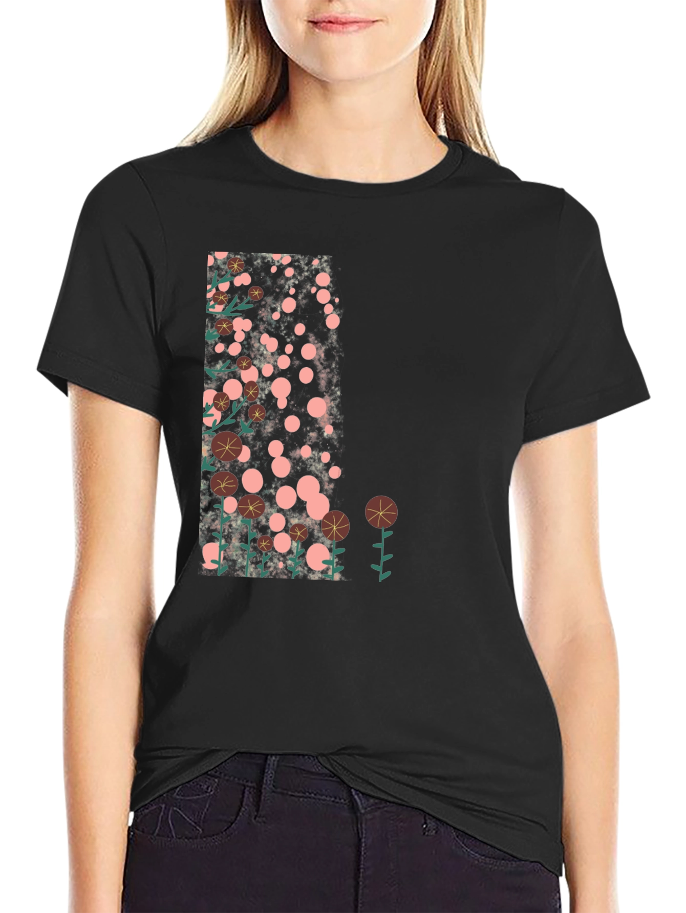 Floral Design Black T-Shirt - Casual Style