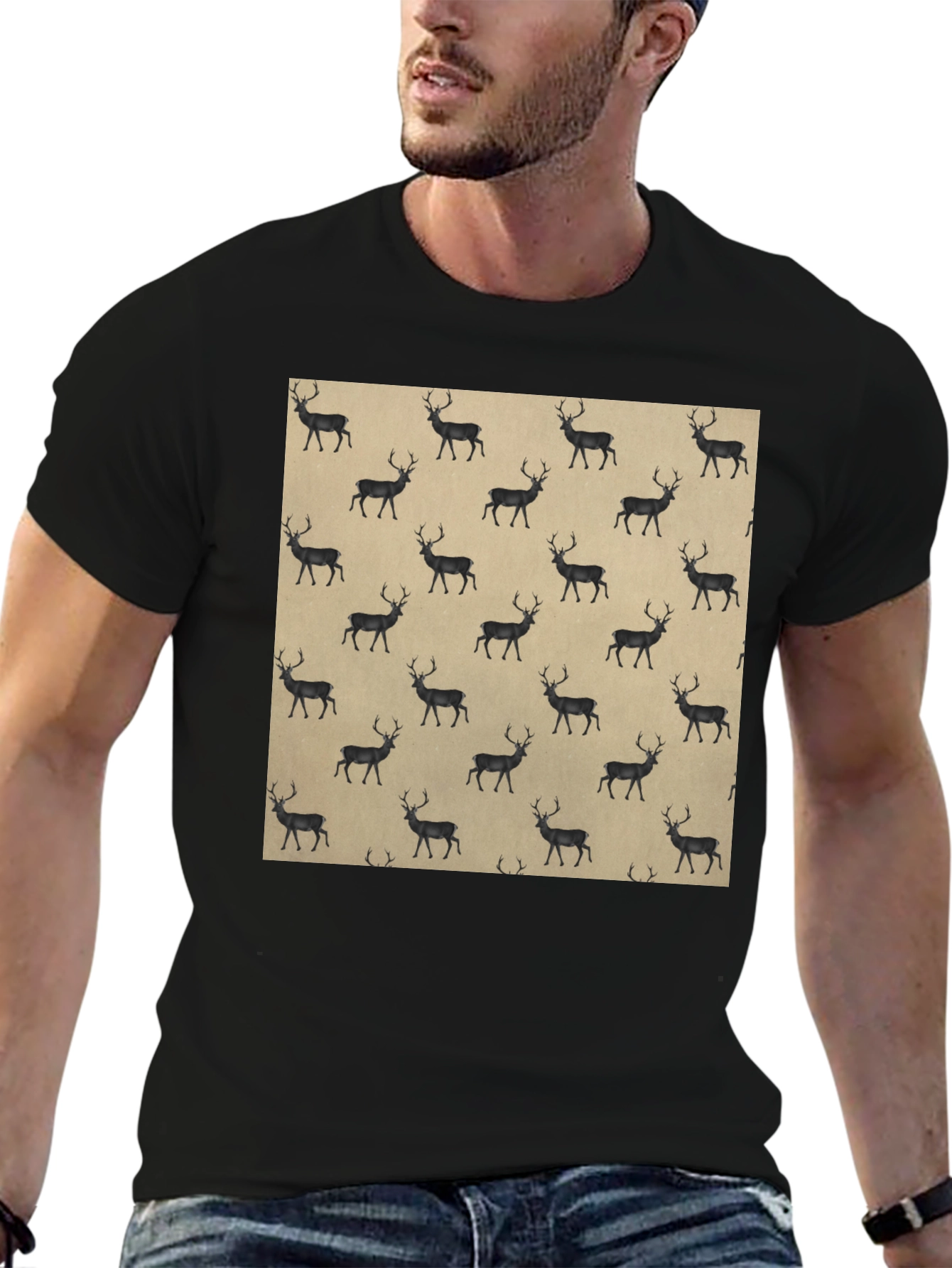 Deer Pattern Black T-Shirt