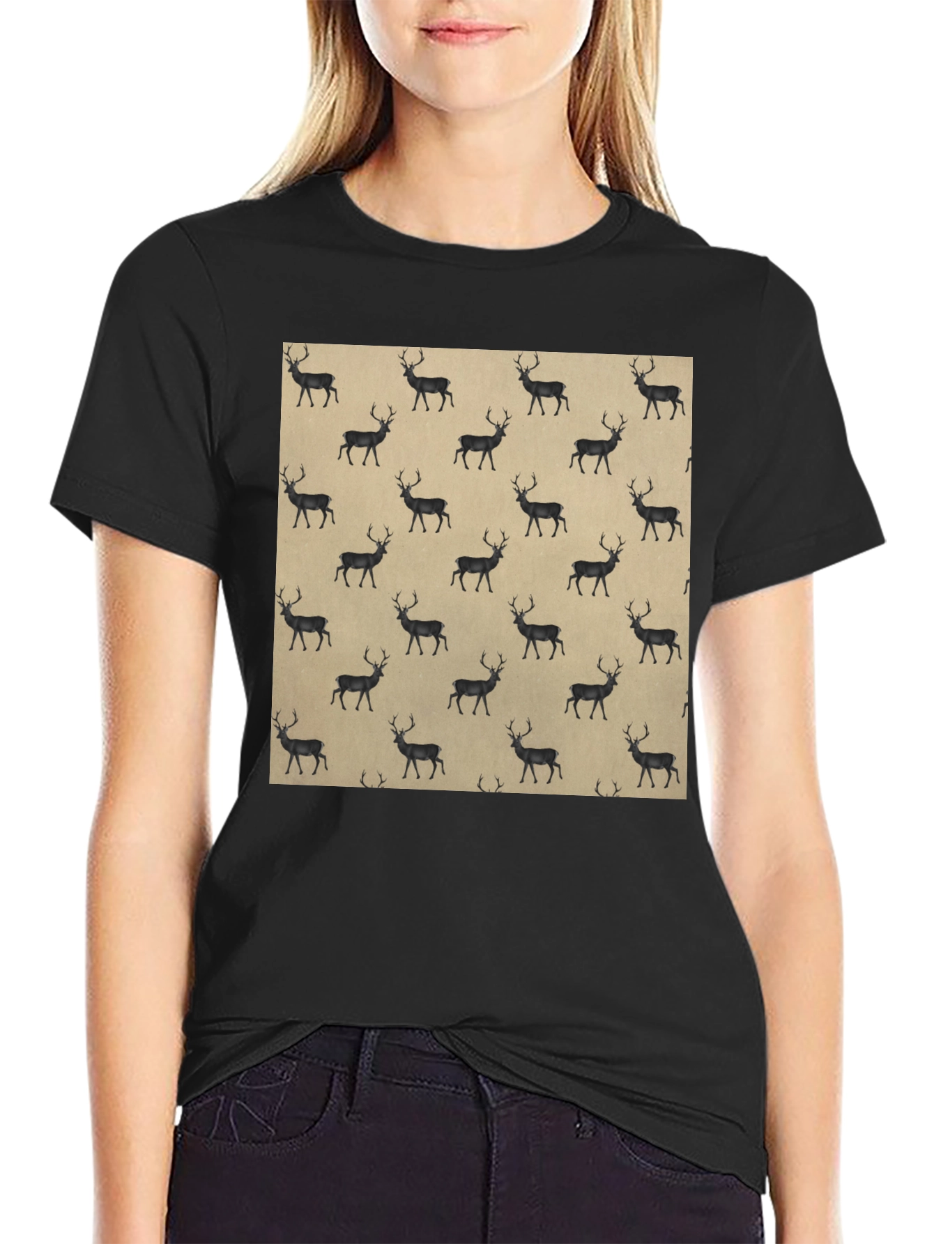 Deer Pattern Black T-Shirt