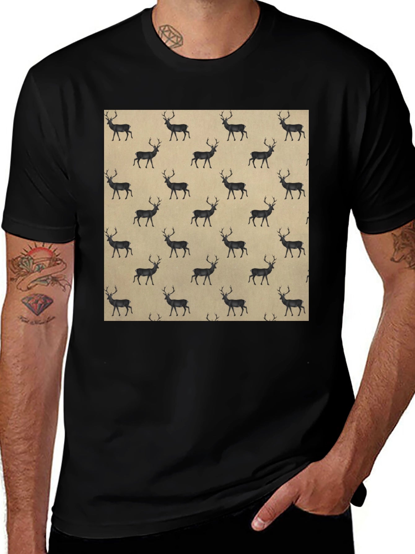 Deer Pattern Black T-Shirt