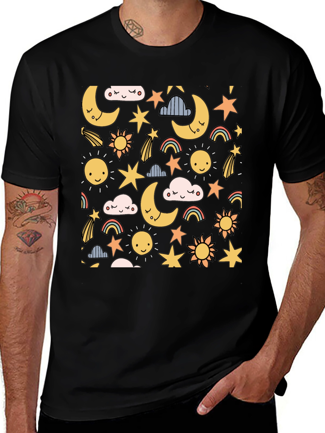 Celestial Dreams T-Shirt: Moon Stars & Sun Design