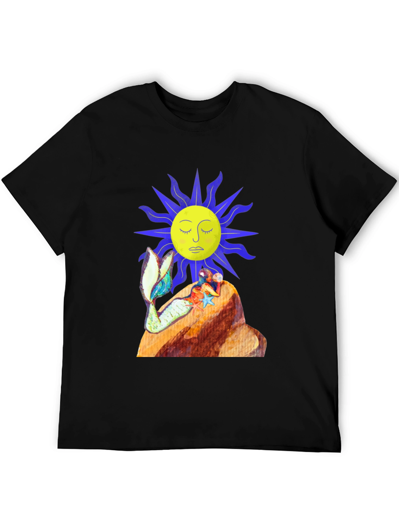 Black T-Shirt with Sun and Mermaid Design