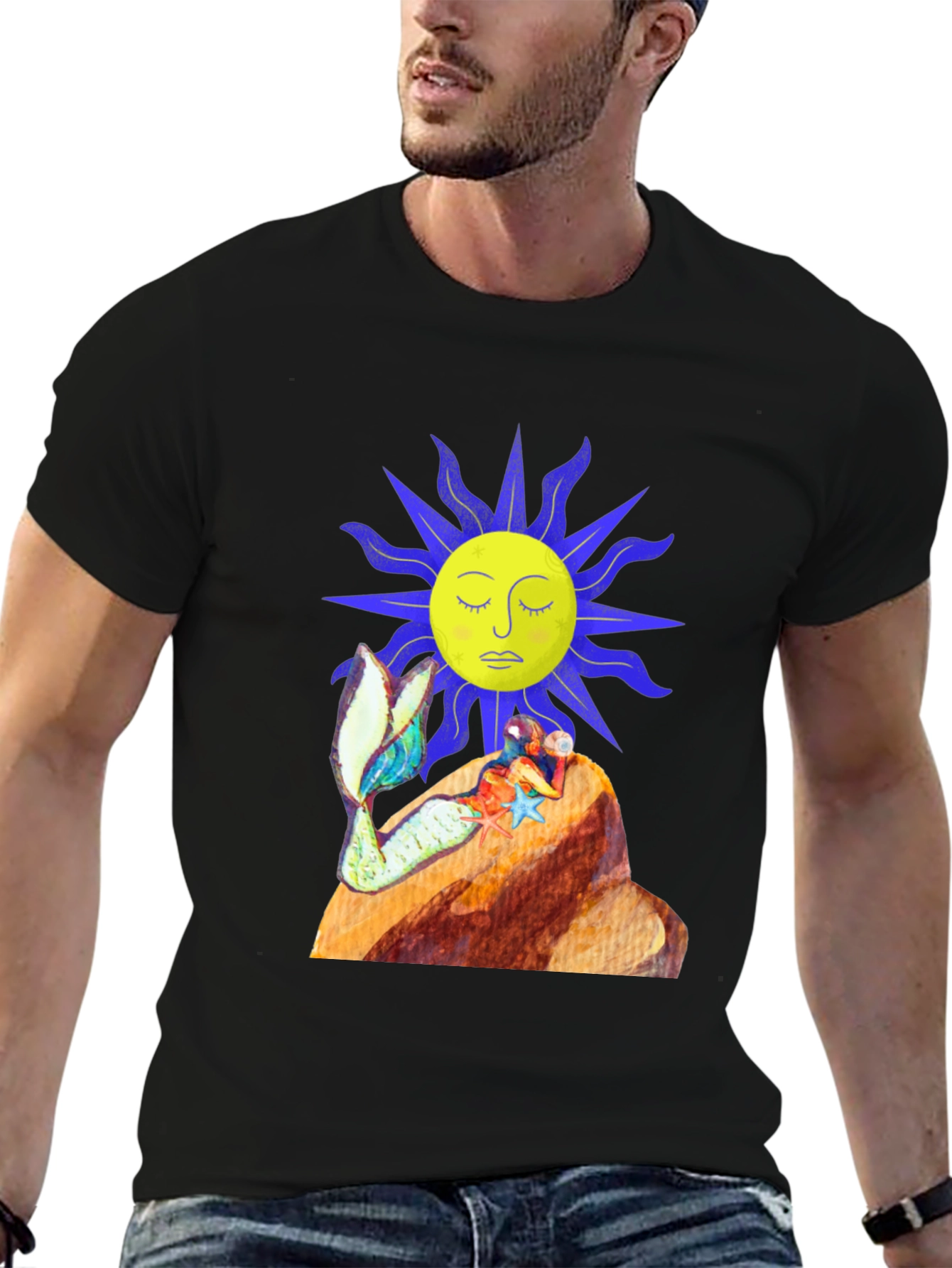 Black T-Shirt with Sun and Mermaid Design