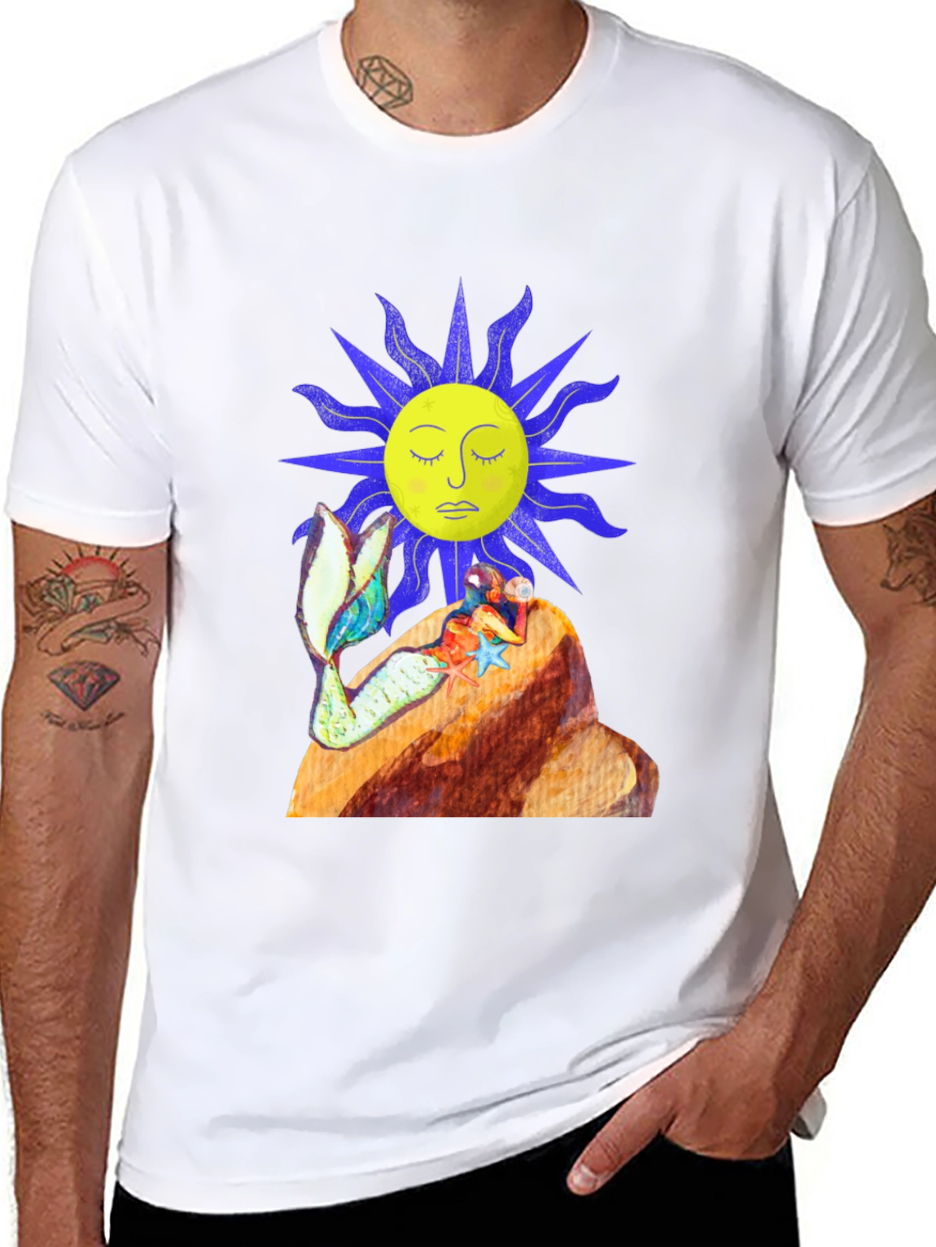 Black T-Shirt with Sun and Mermaid Design