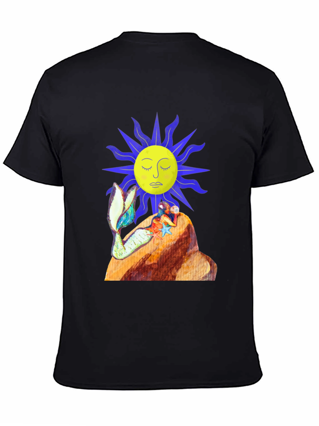 Black T-Shirt with Sun and Mermaid Design
