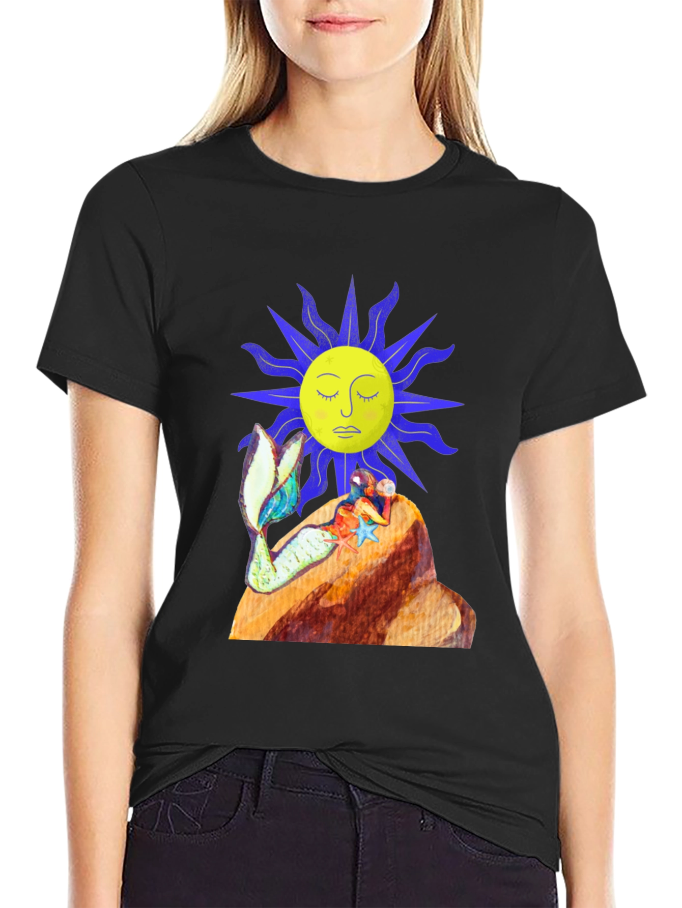 Black T-Shirt with Sun and Mermaid Design