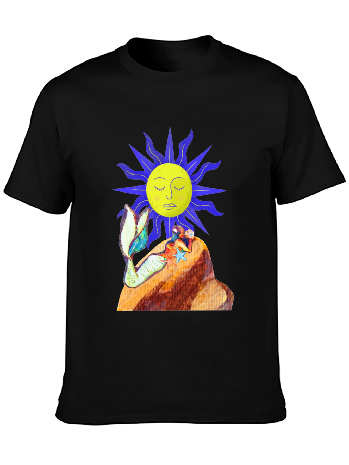 Black T-Shirt with Sun and Mermaid Design