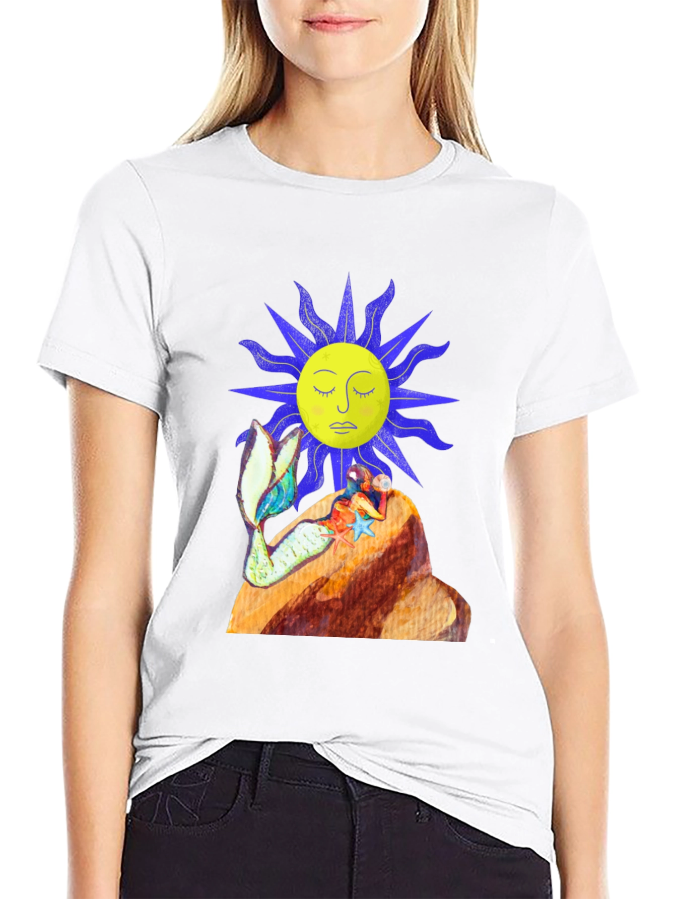 Black T-Shirt with Sun and Mermaid Design