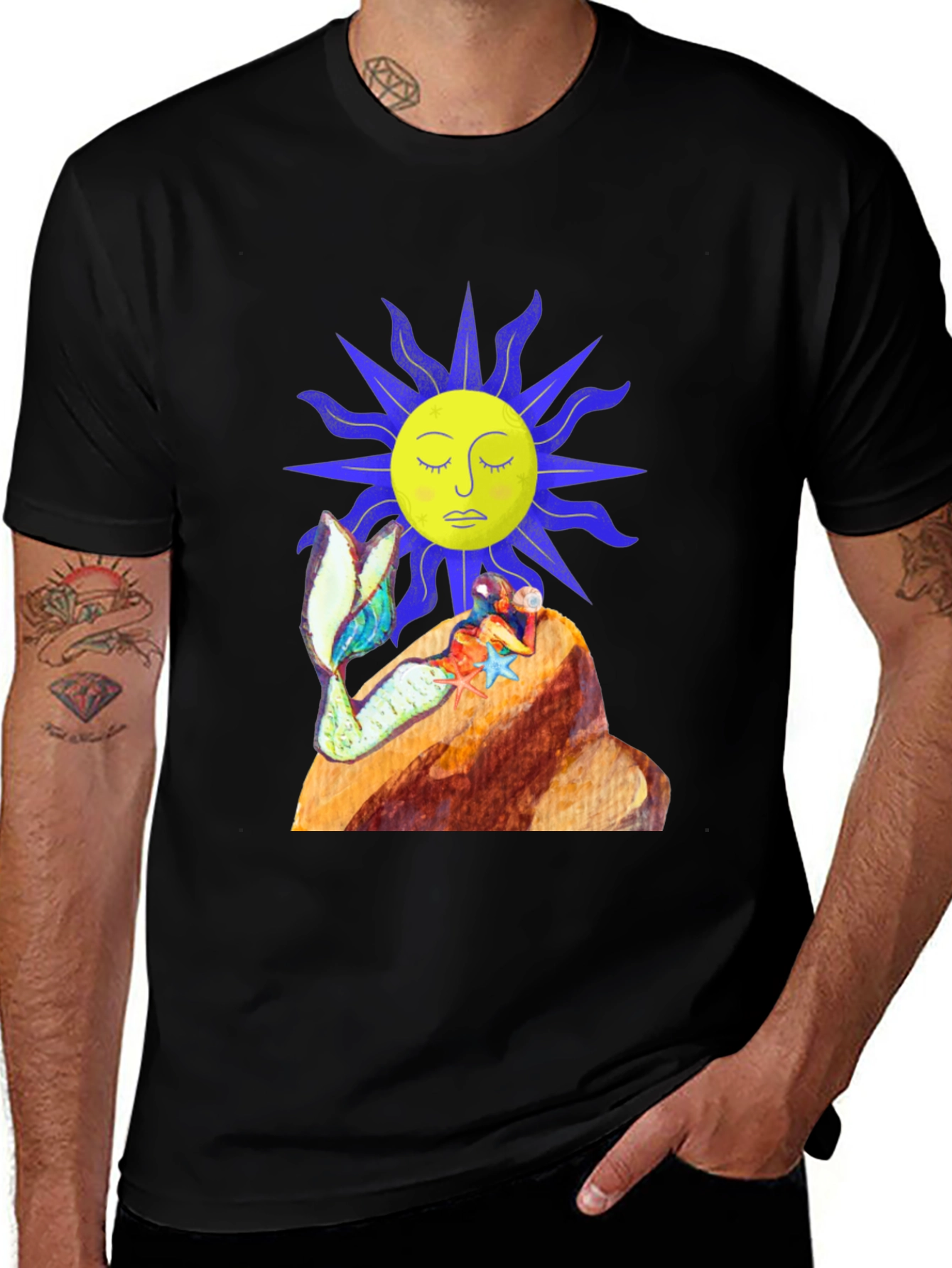 Black T-Shirt with Sun and Mermaid Design