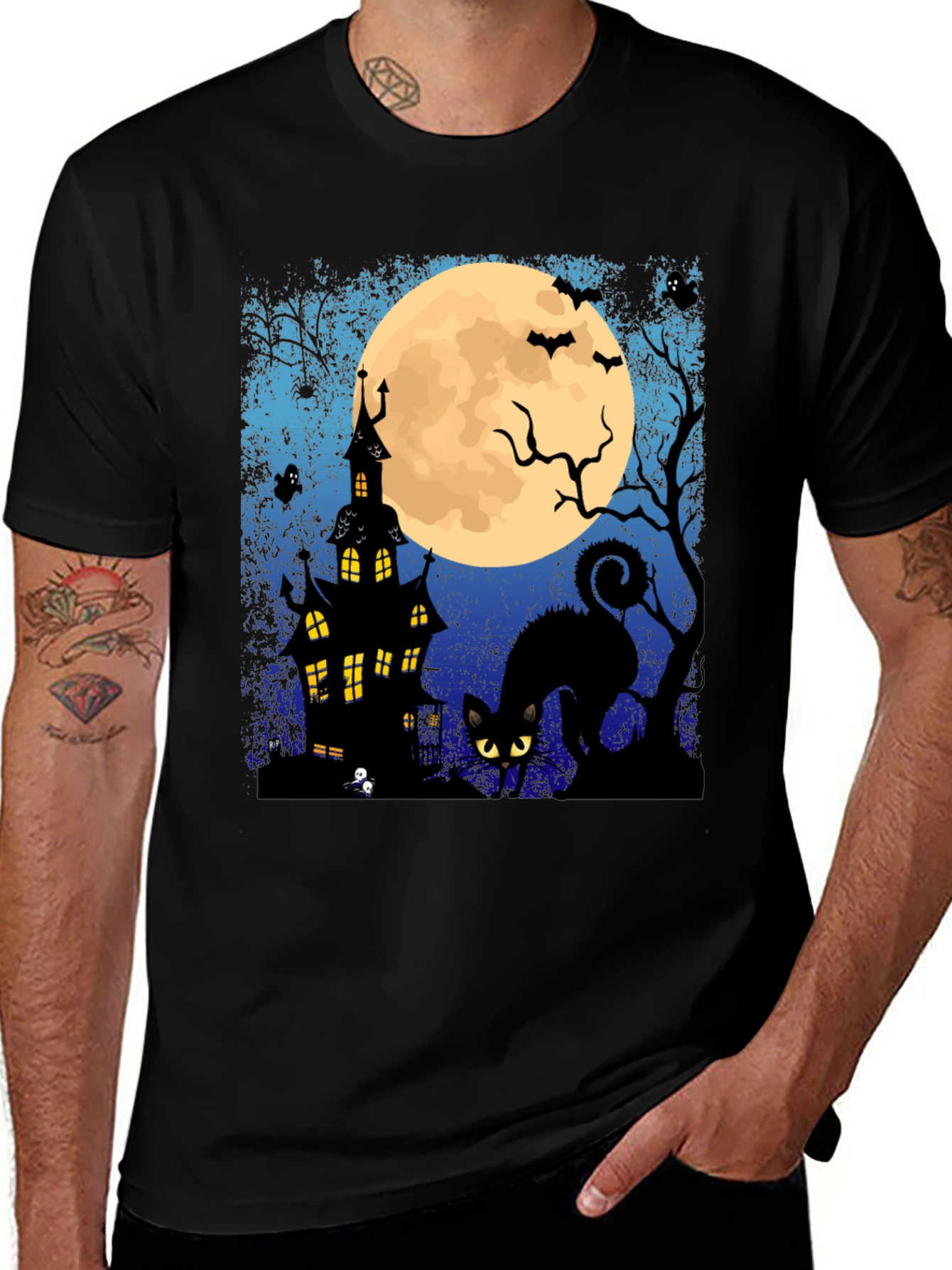 Halloween Black Cat & Haunted House T-Shirt