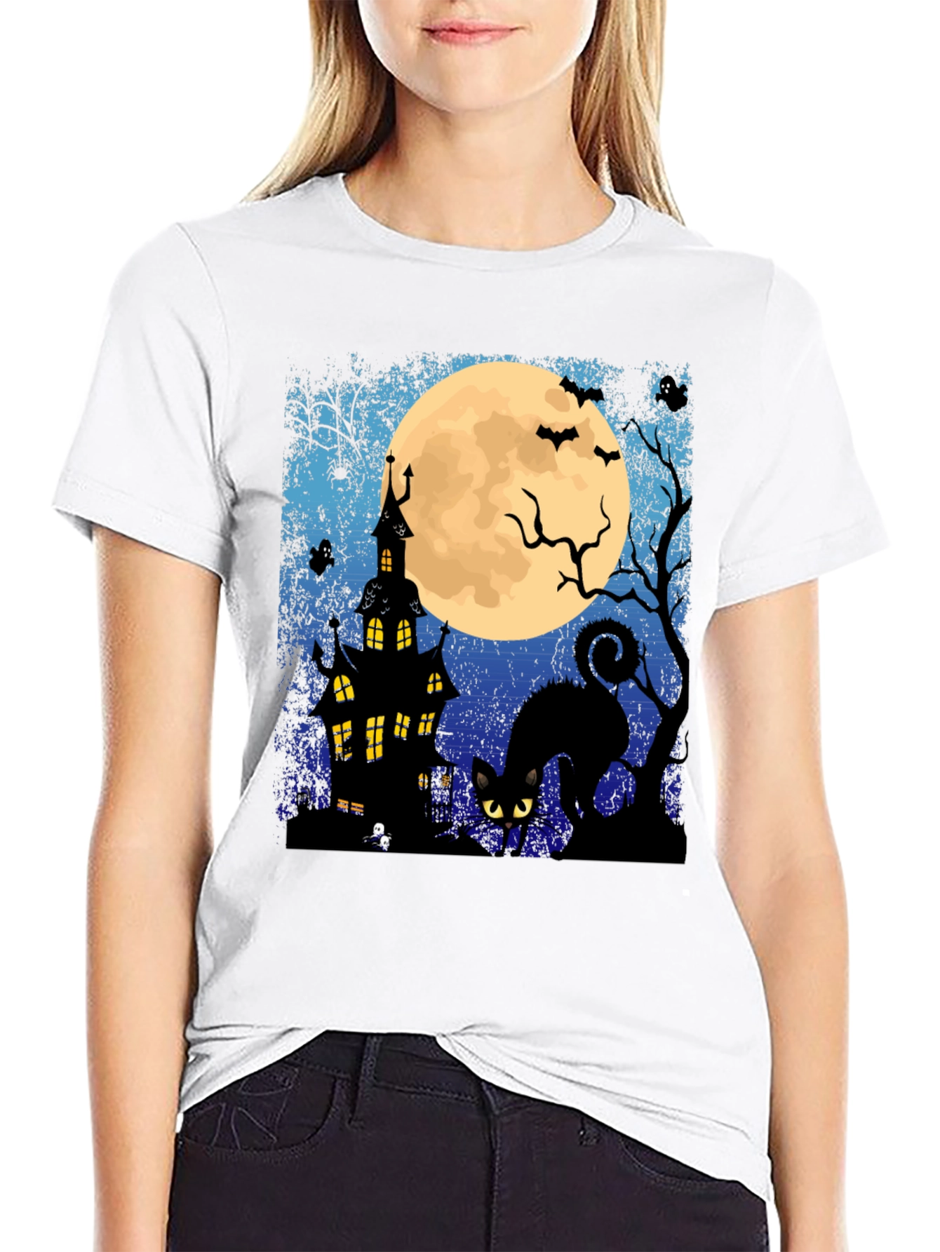 Halloween Black Cat & Haunted House T-Shirt