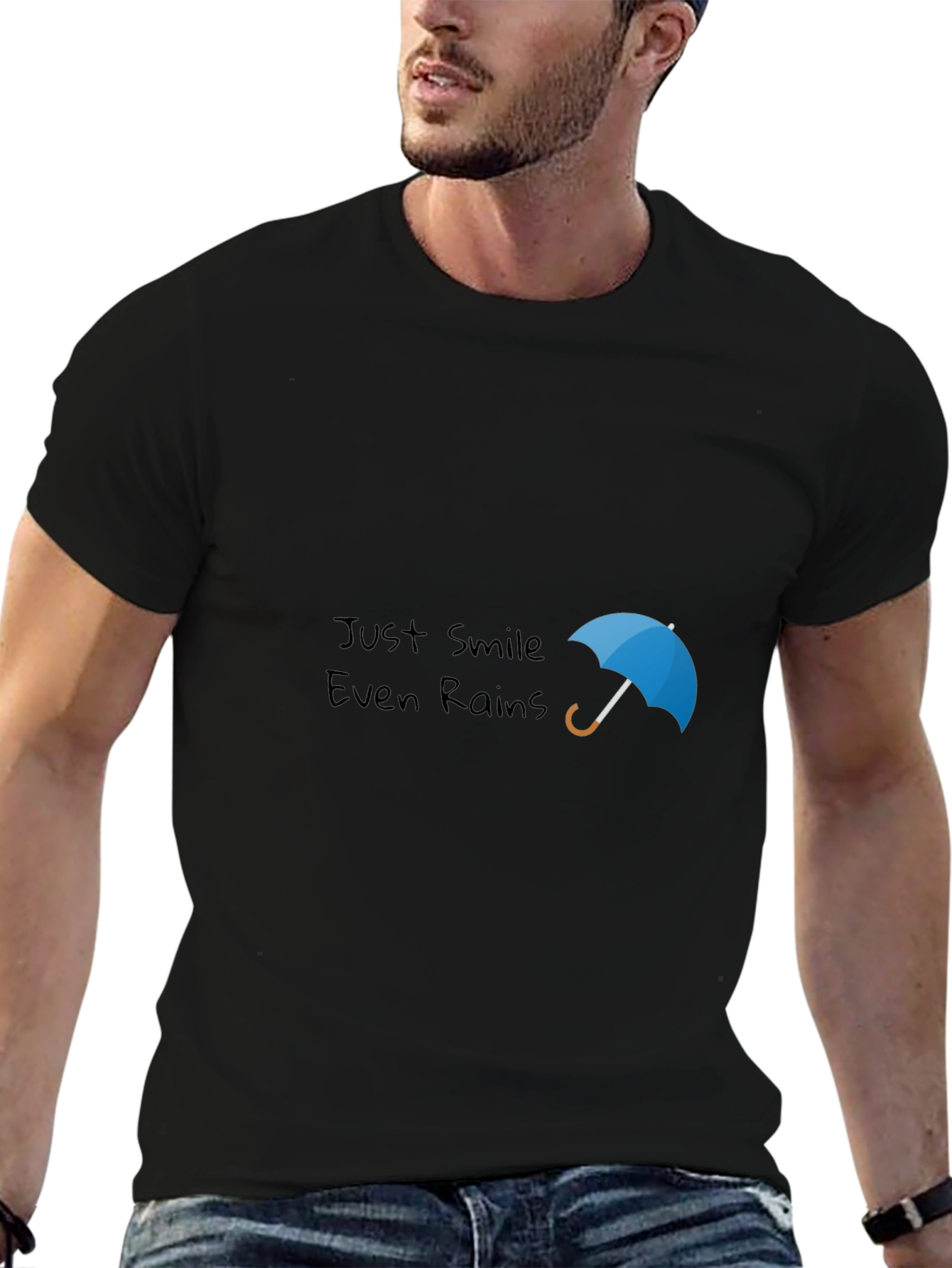 Just Smile Even Rains Black Graphic Tee