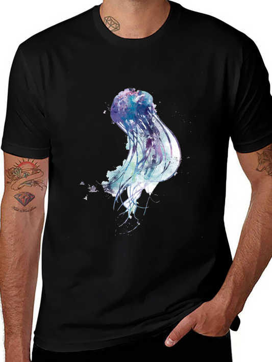 Jellyfish Watercolor Graphic Print Black T-Shirt