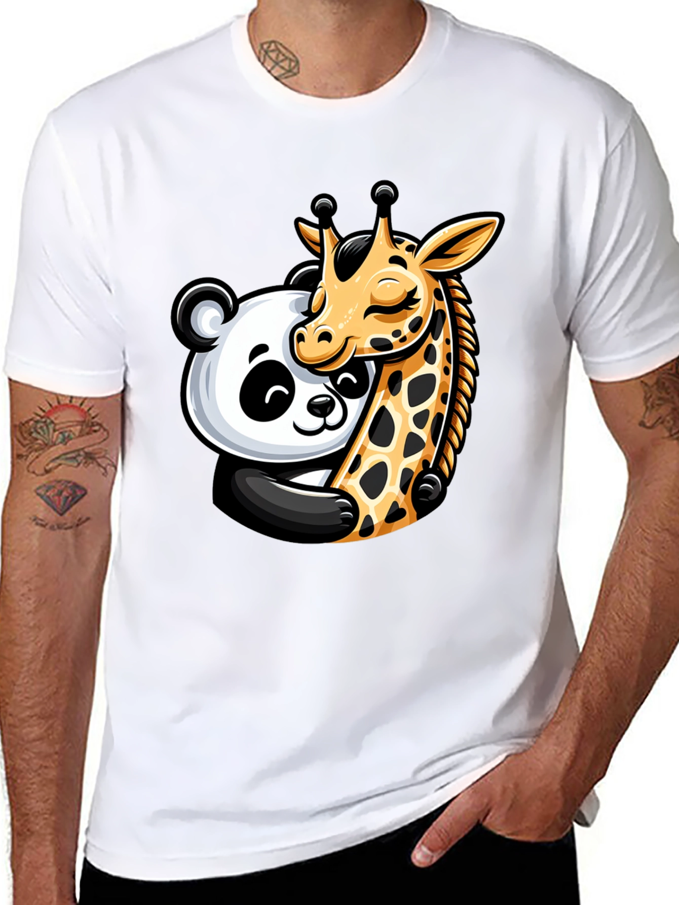 Cute Panda & Giraffe Hug Graphic T-Shirt