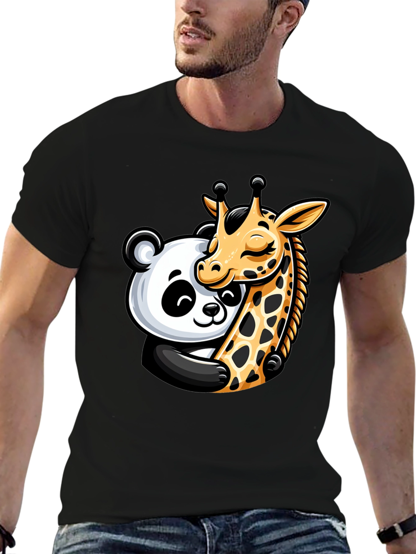 Cute Panda & Giraffe Hug Graphic T-Shirt